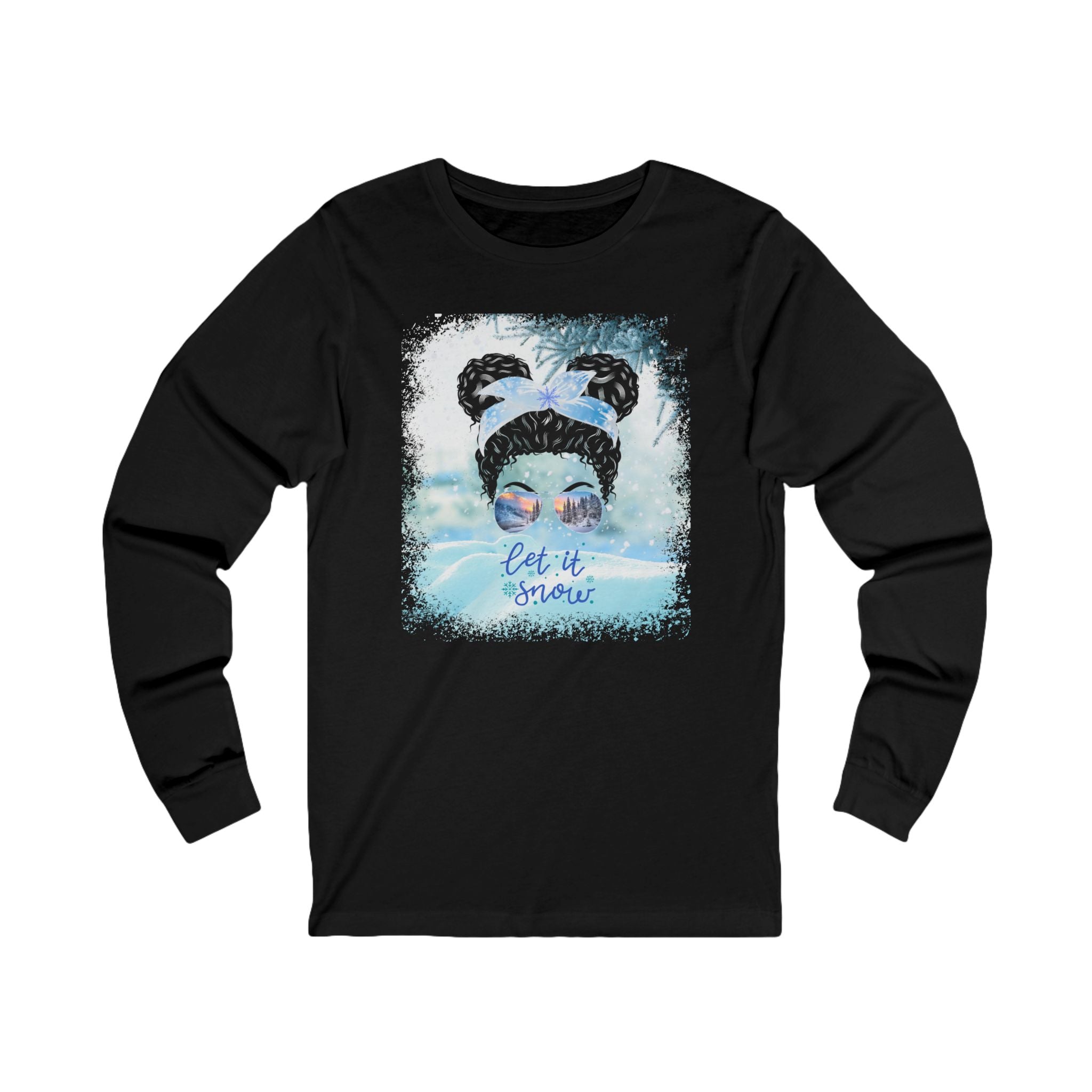 Let it Snow, Snow, Black Hair Messy Bun, Unisex Jersey Long Sleeve Tee