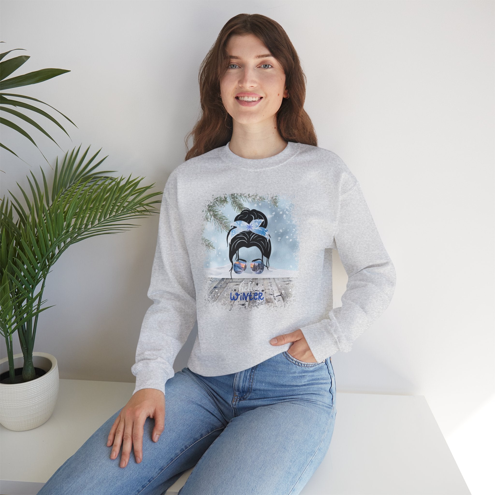 Hello Winter Snowy Porch, Dark Hair Messy Bun, Unisex Heavy Blend™ Crewneck Sweatshirt