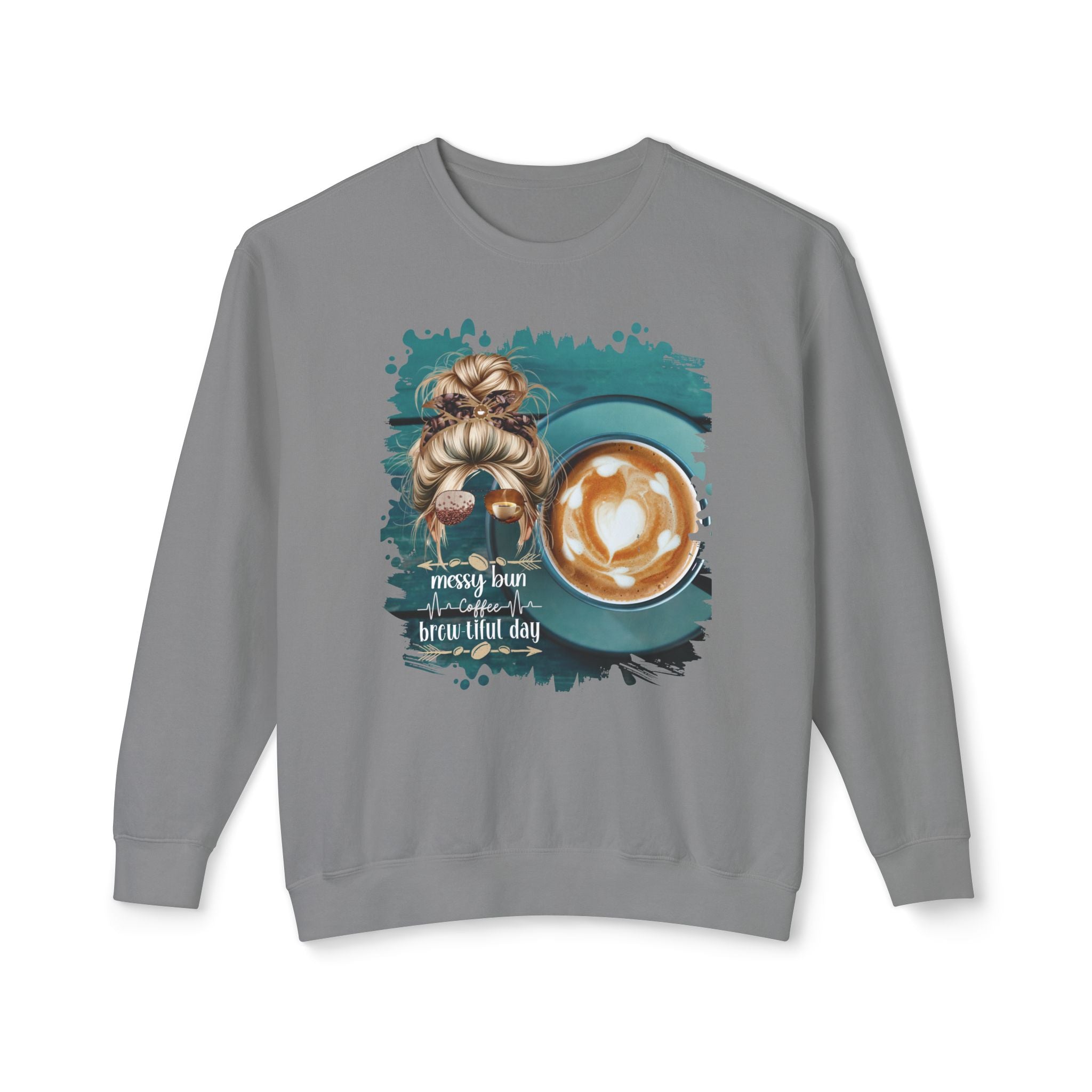 Coffee Heartbeat, Coffee Cup, Blond Hair Messy Bun, Unisex Lightweight Crewneck Sweatshirt