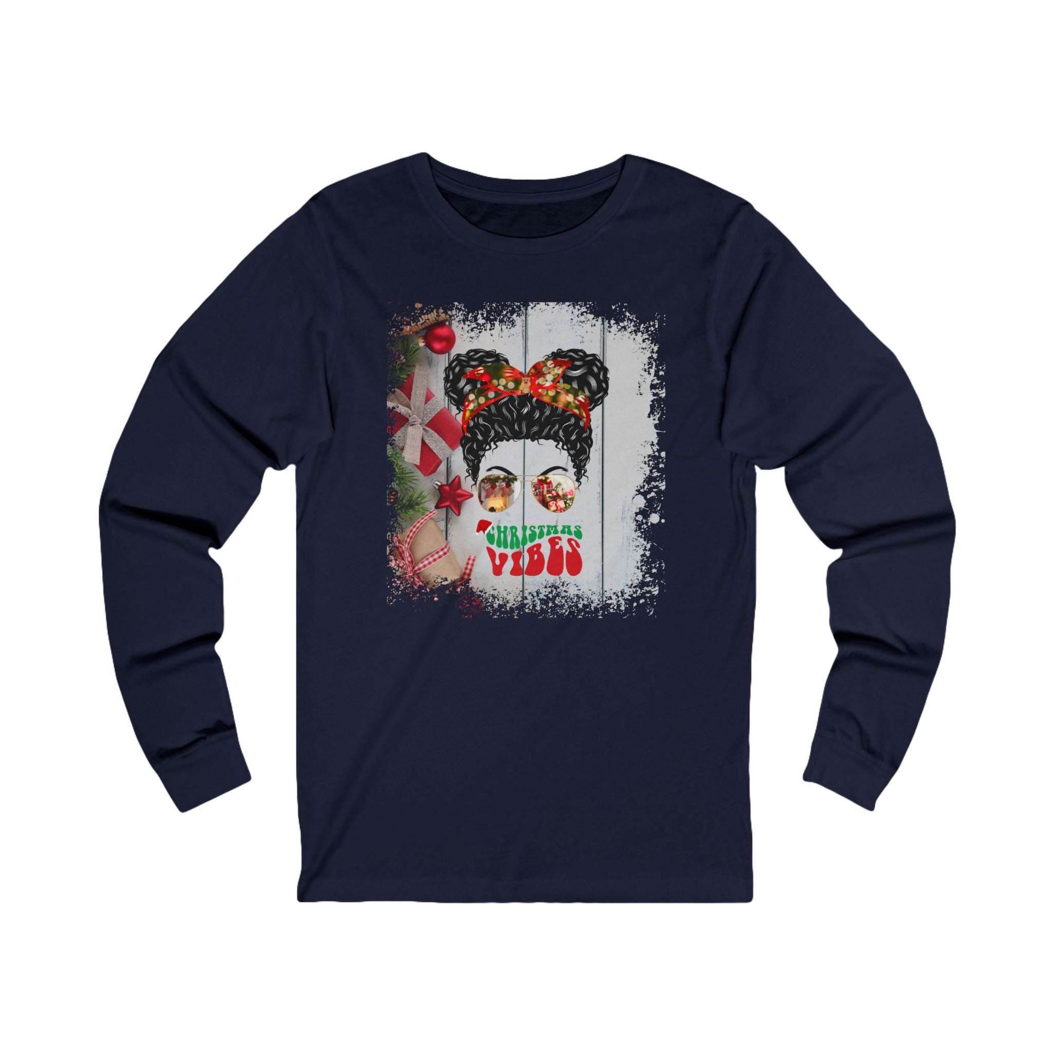 Christmas Vibes Christmas Presents, Black Hair Messy Bun, Unisex Jersey Long Sleeve Tee