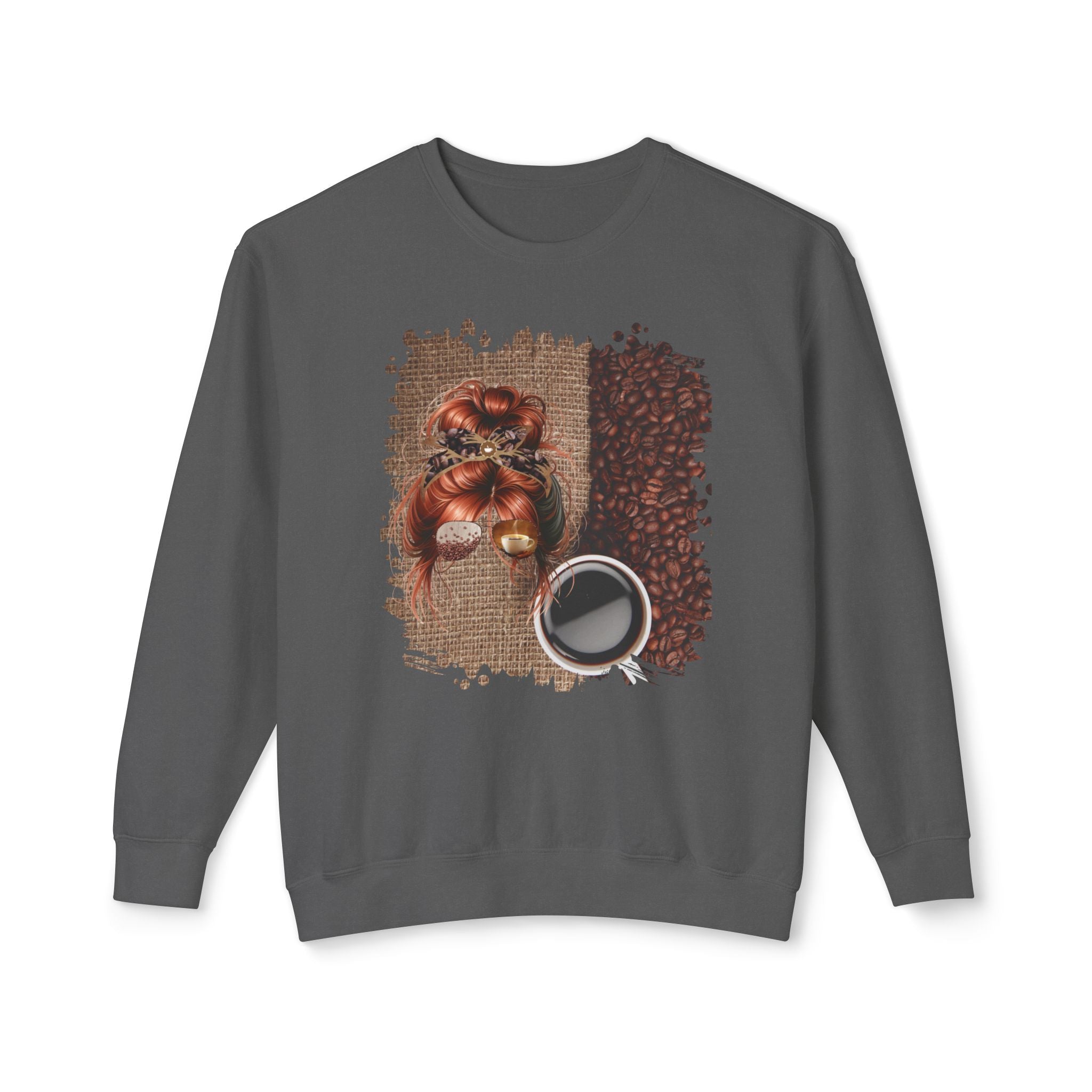 Coffee Beans Bag, Red Hair Messy Bun, Unisex Lightweight Crewneck Sweatshirt