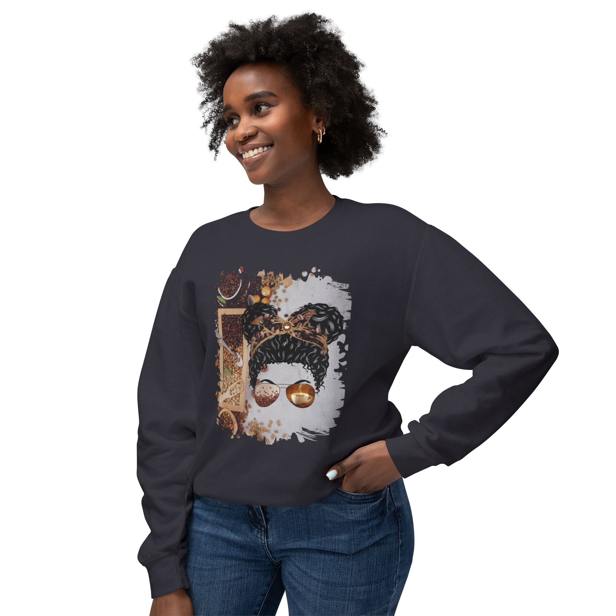 Coffee Beans Variety, Black Hair Messy Bun, Unisex Lightweight Crewneck Sweatshirt