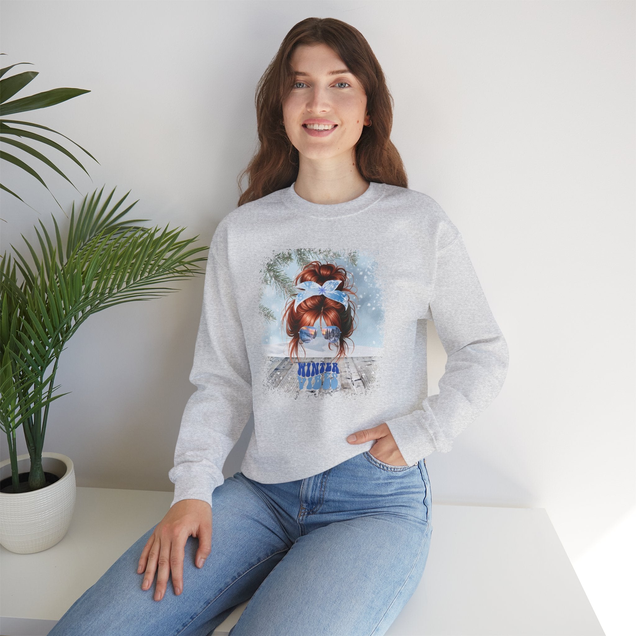 Winter Vibes Snowy Porch, Red Hair Messy Bun, Unisex Heavy Blend™ Crewneck Sweatshirt