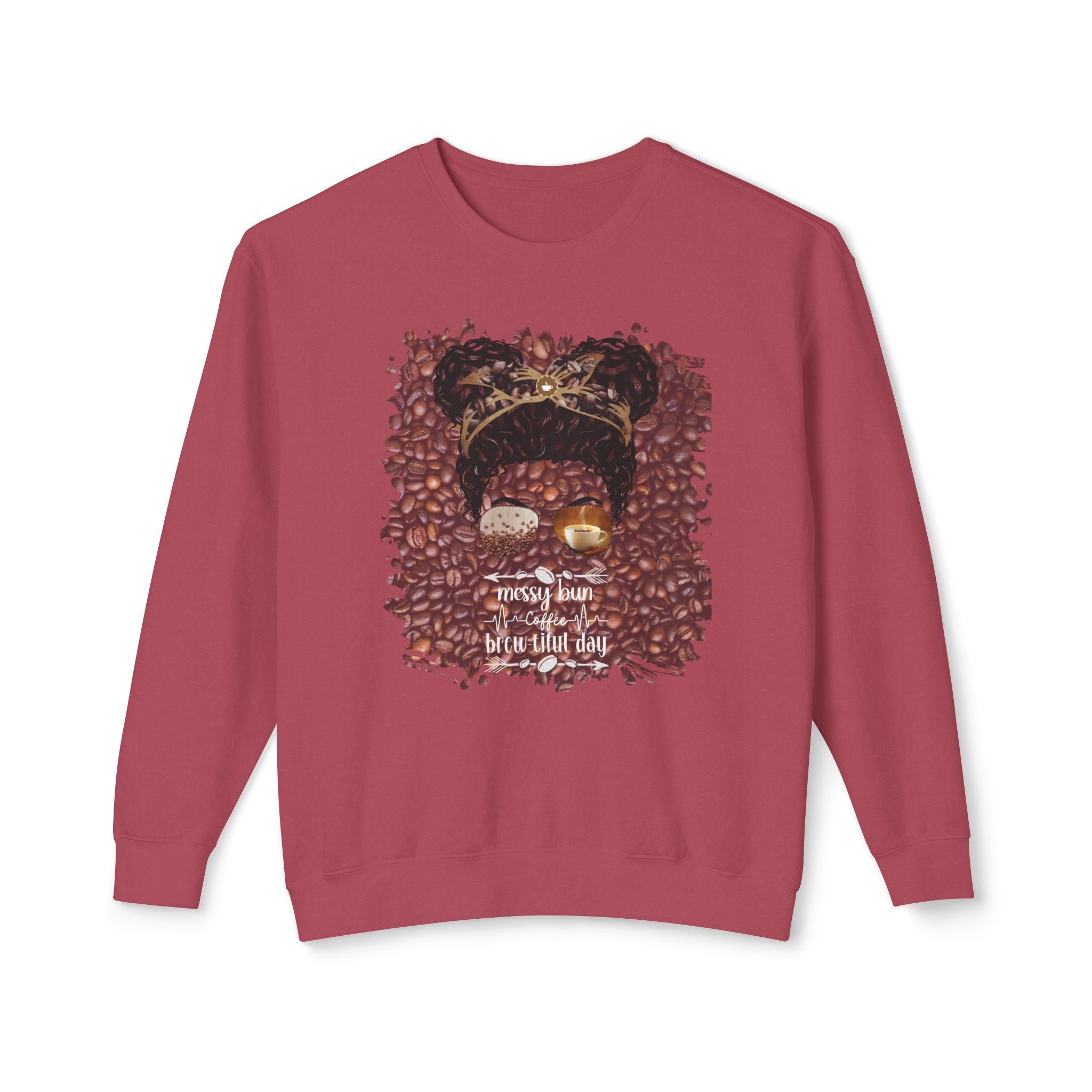 Coffee Heartbeat, Coffee Beans, Black Hair Messy Bun, Unisex Lightweight Crewneck Sweatshirt