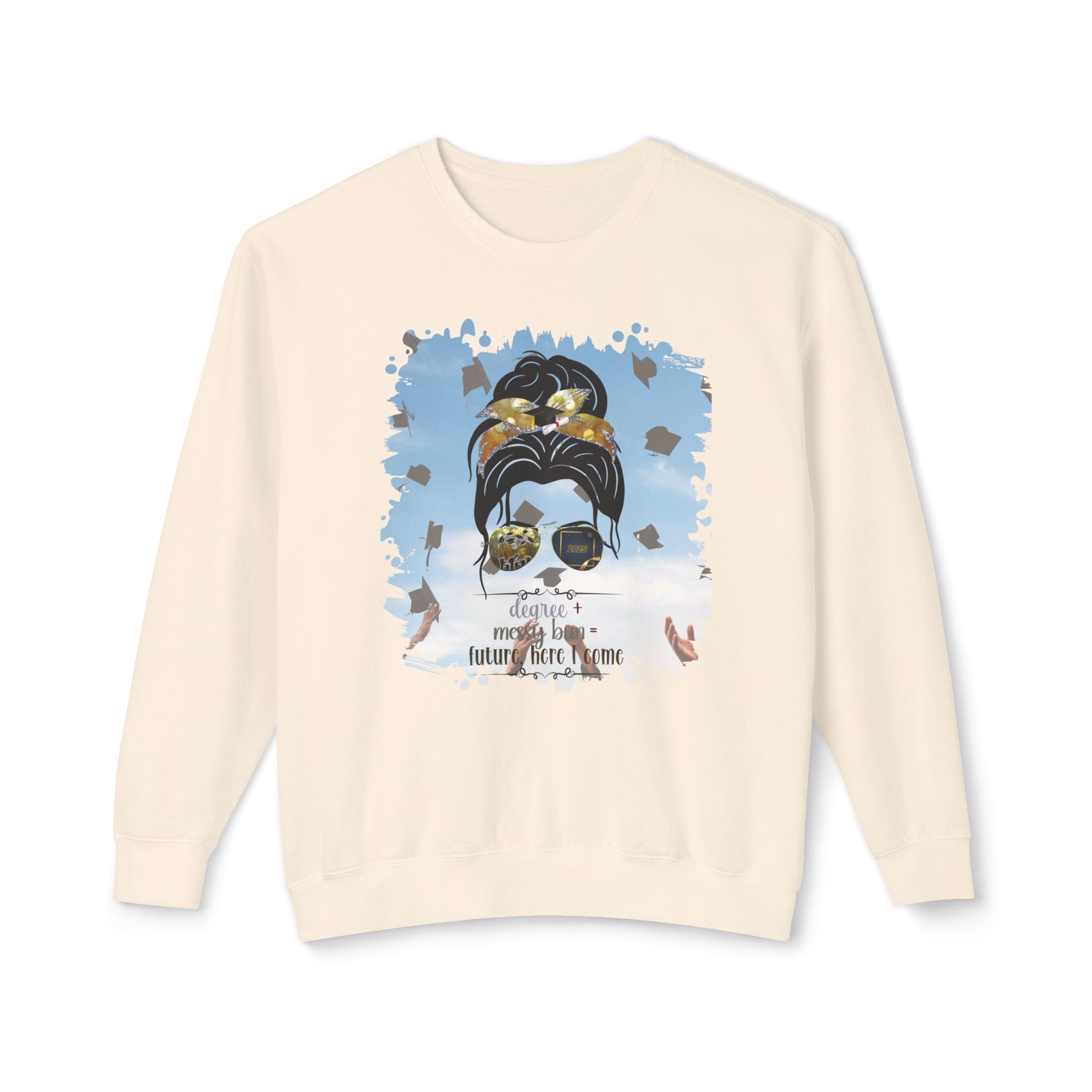 Degree + Messy Bun, Celebration, Dark Hair Messy Bun, Unisex Lightweight Crewneck Sweatshirt