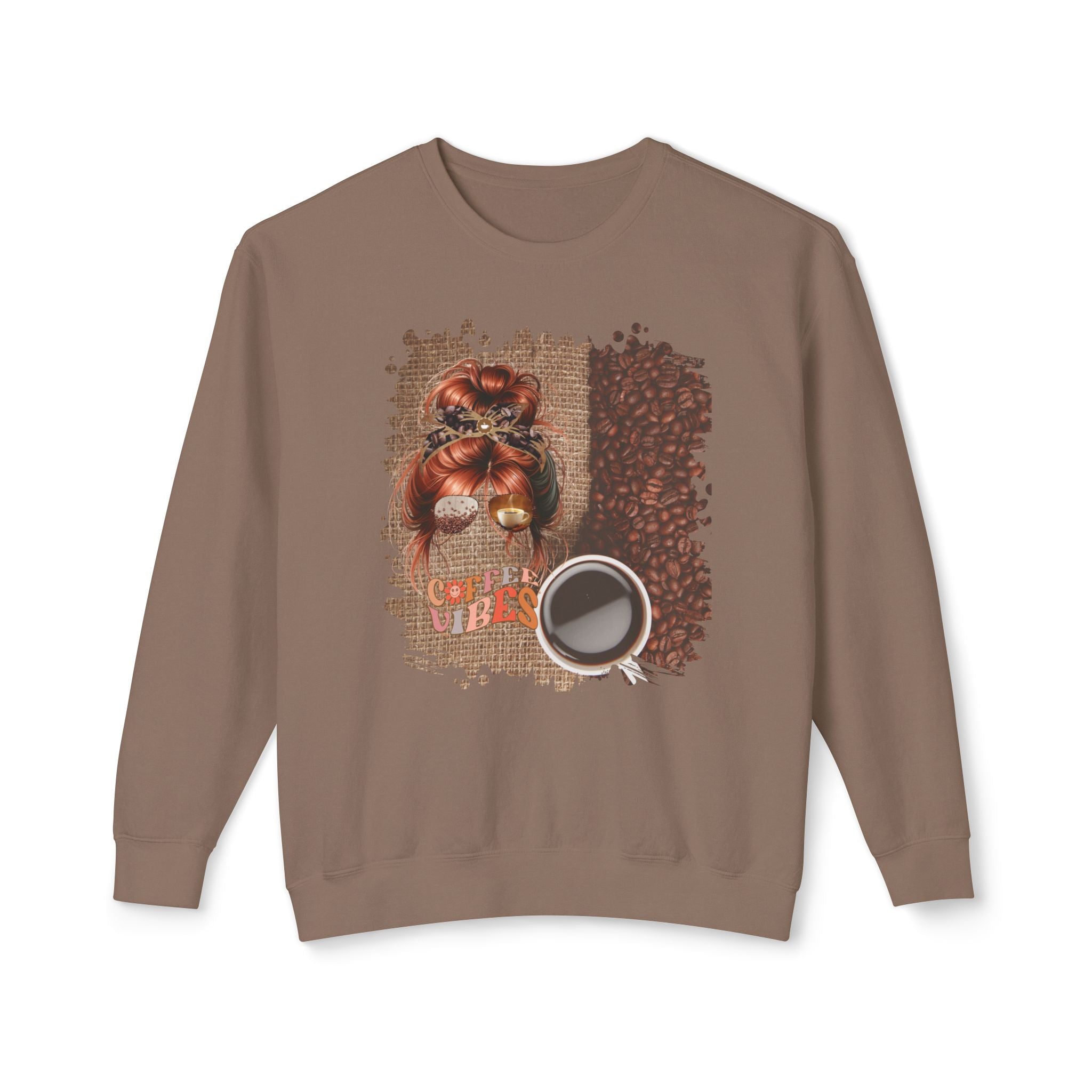 Coffee Vibes, Coffee Beans Bag, Red Hair Messy Bun, Unisex Lightweight Crewneck Sweatshirt