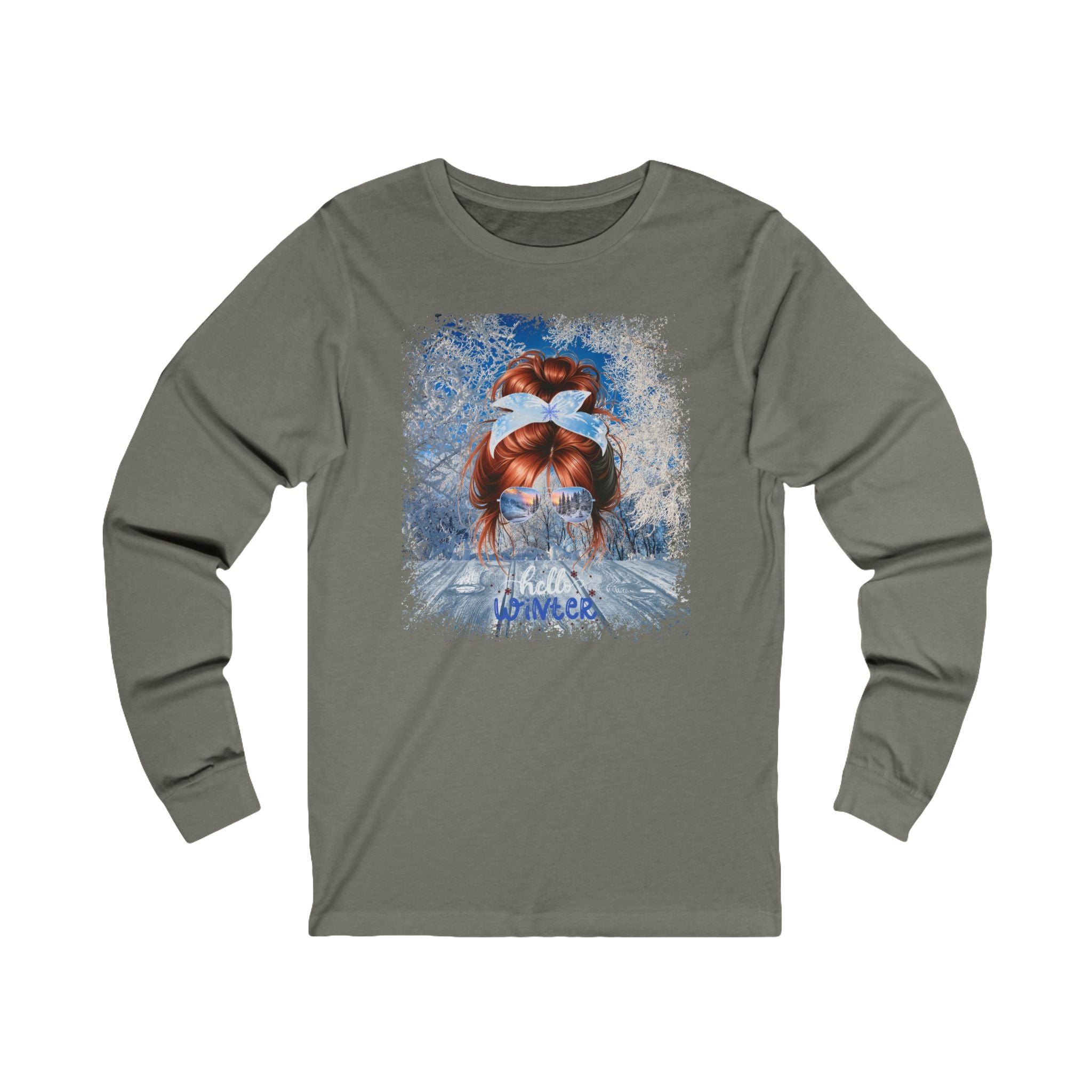 Hello Winter, Winter Sunny Porch, Red Hair Messy Bun, Unisex Jersey Long Sleeve Tee