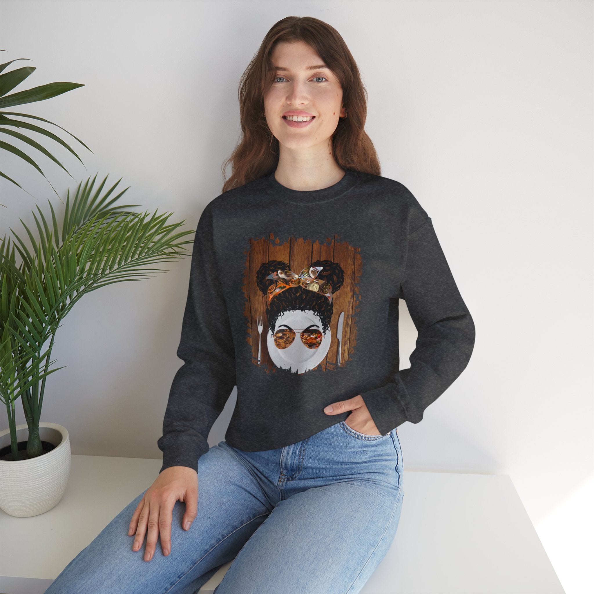 Plate Setting, Black Hair Messy Bun, Unisex Heavy Blend™ Crewneck Sweatshirt