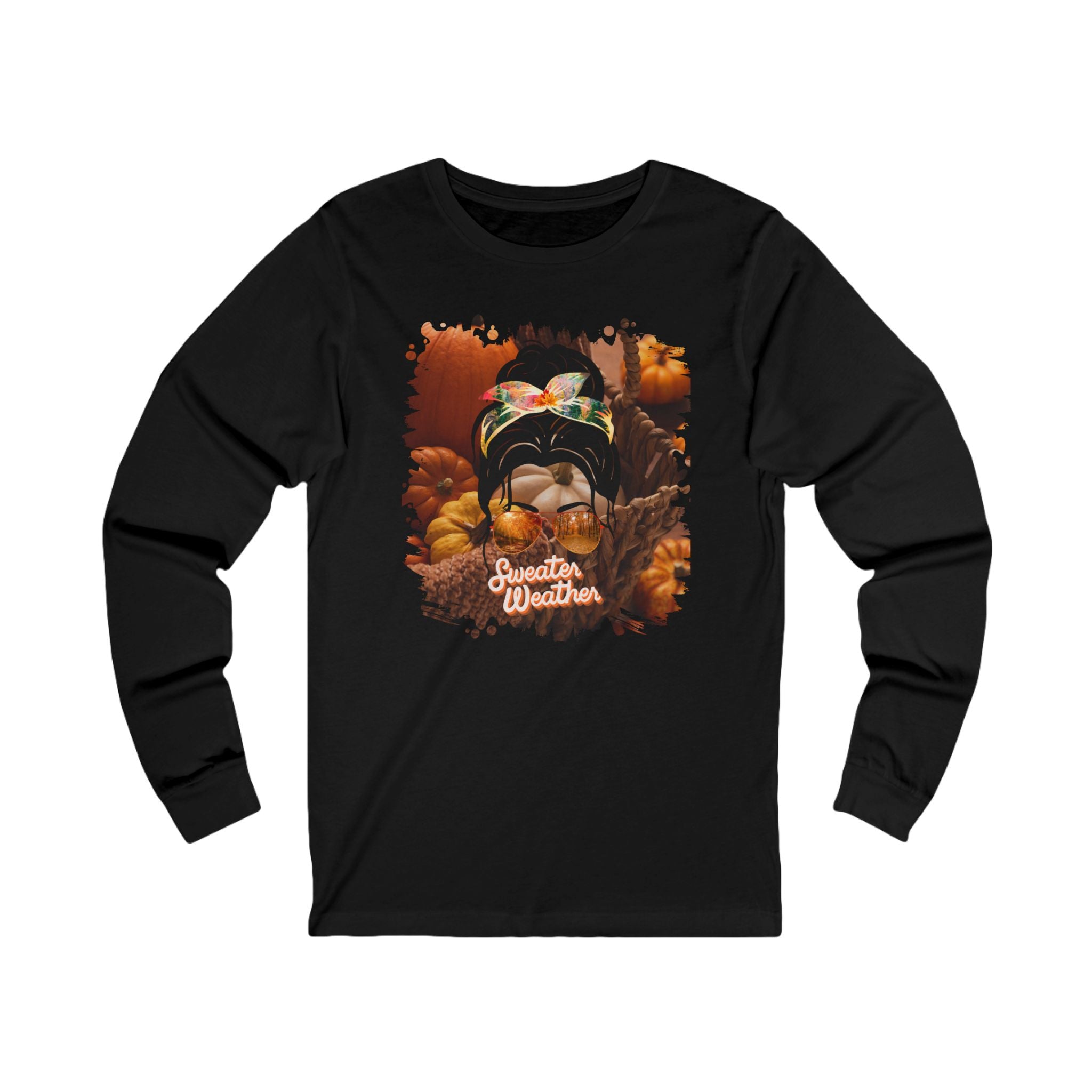 Sweater Weather Fall Pumpkins, Dark Hair Messy Bun, Unisex Jersey Long Sleeve Tee