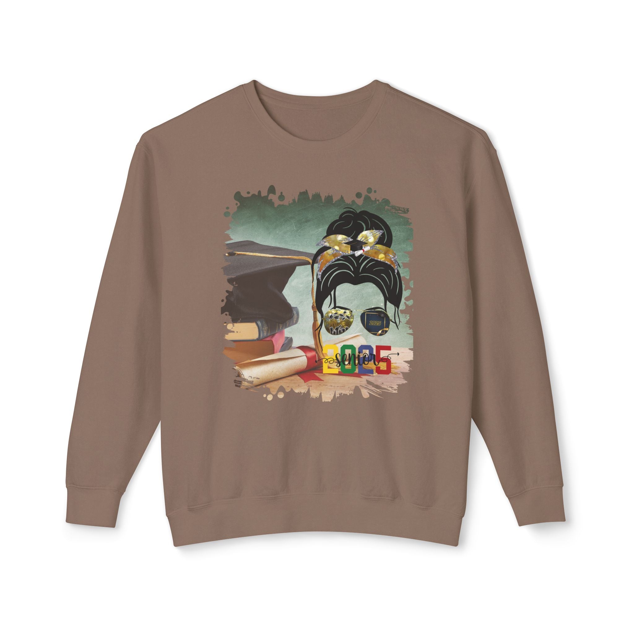 Senior 2025 Colorful, Cap & Degree/Diploma, Dark Hair Messy Bun, Unisex Lightweight Crewneck Sweatshirt