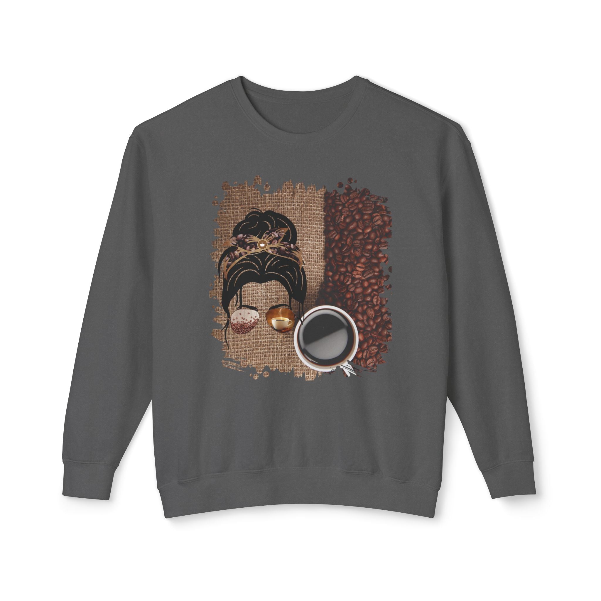 Coffee Beans Bag, Dark Hair Messy Bun, Unisex Lightweight Crewneck Sweatshirt