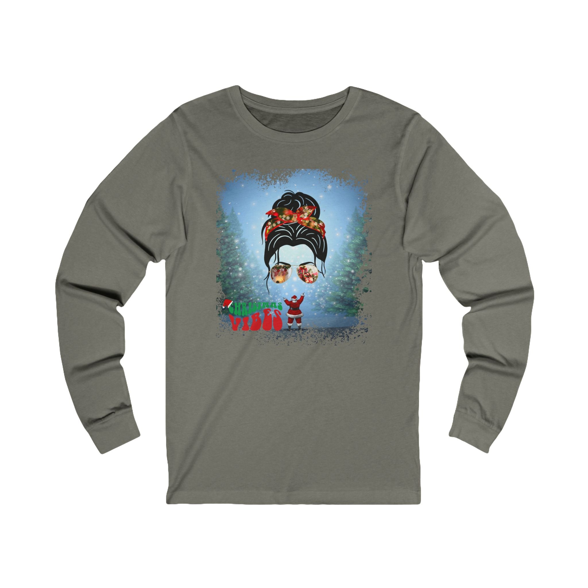 Christmas Vibes Santa, Dark Hair Messy Bun, Unisex Jersey Long Sleeve Tee