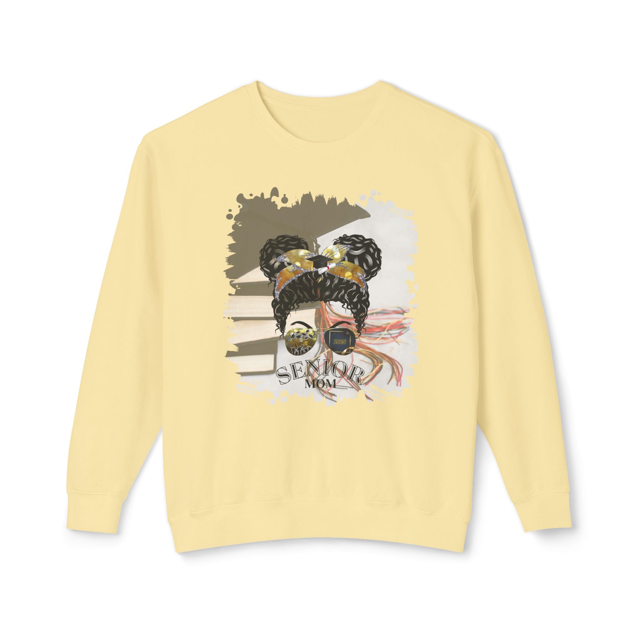 Senior Mom, Cap & Books, Black Hair Messy Bun, Unisex Lightweight Crewneck Sweatshirt