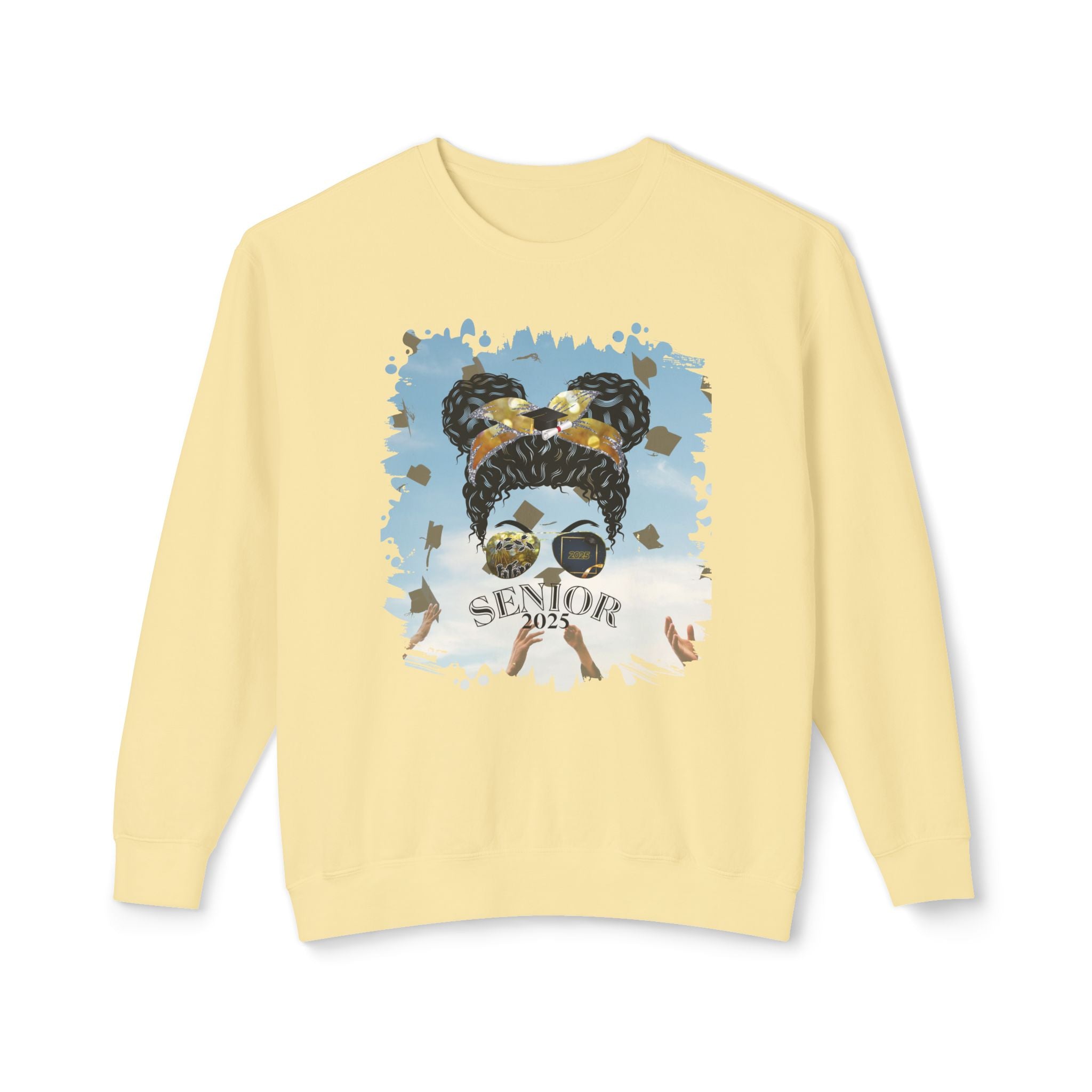 Senior 2025, Celebration, Black Hair Messy Bun, Unisex Lightweight Crewneck Sweatshirt