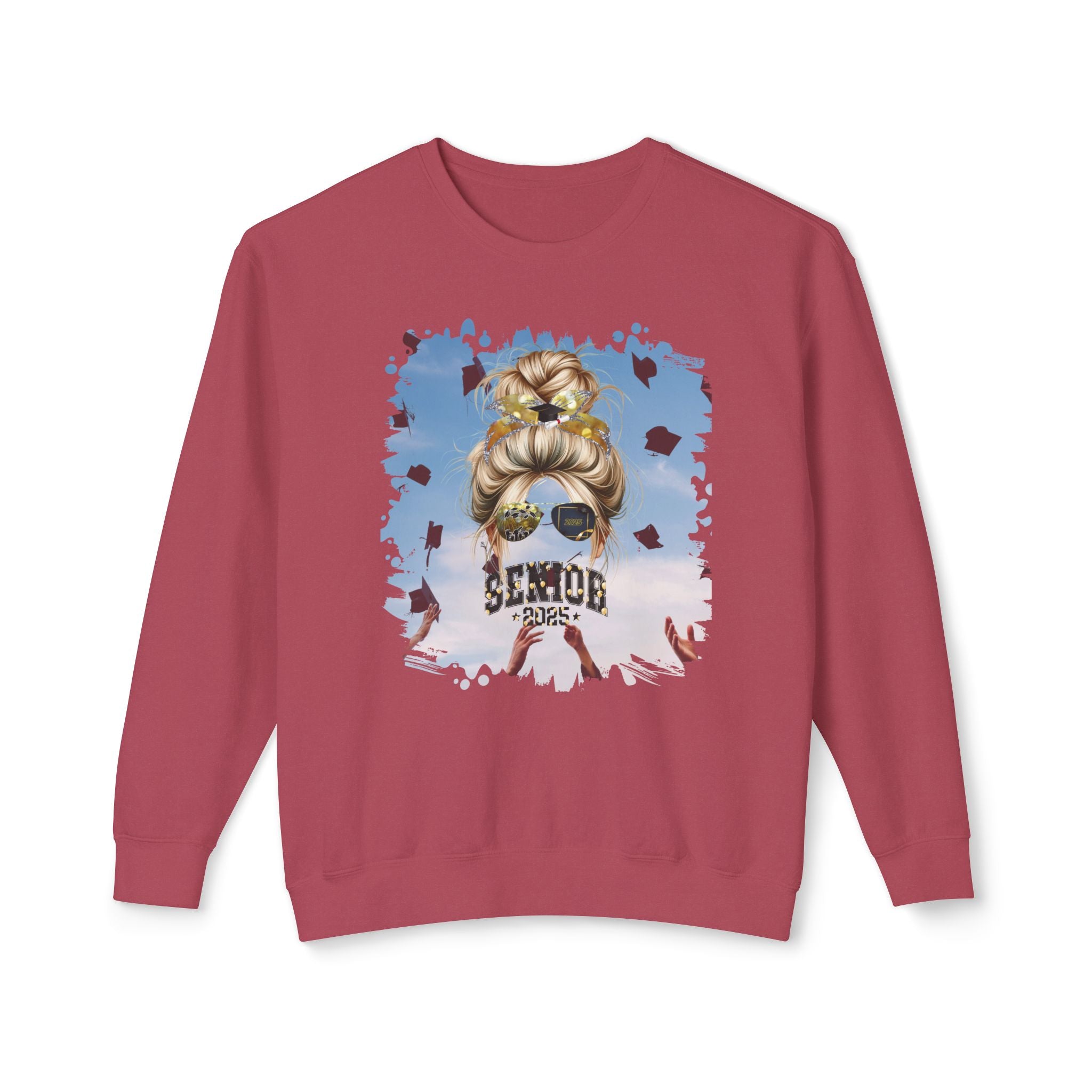 Senior 2025 Balloons, Celebration, Blond Hair Messy Bun, Unisex Lightweight Crewneck Sweatshirt