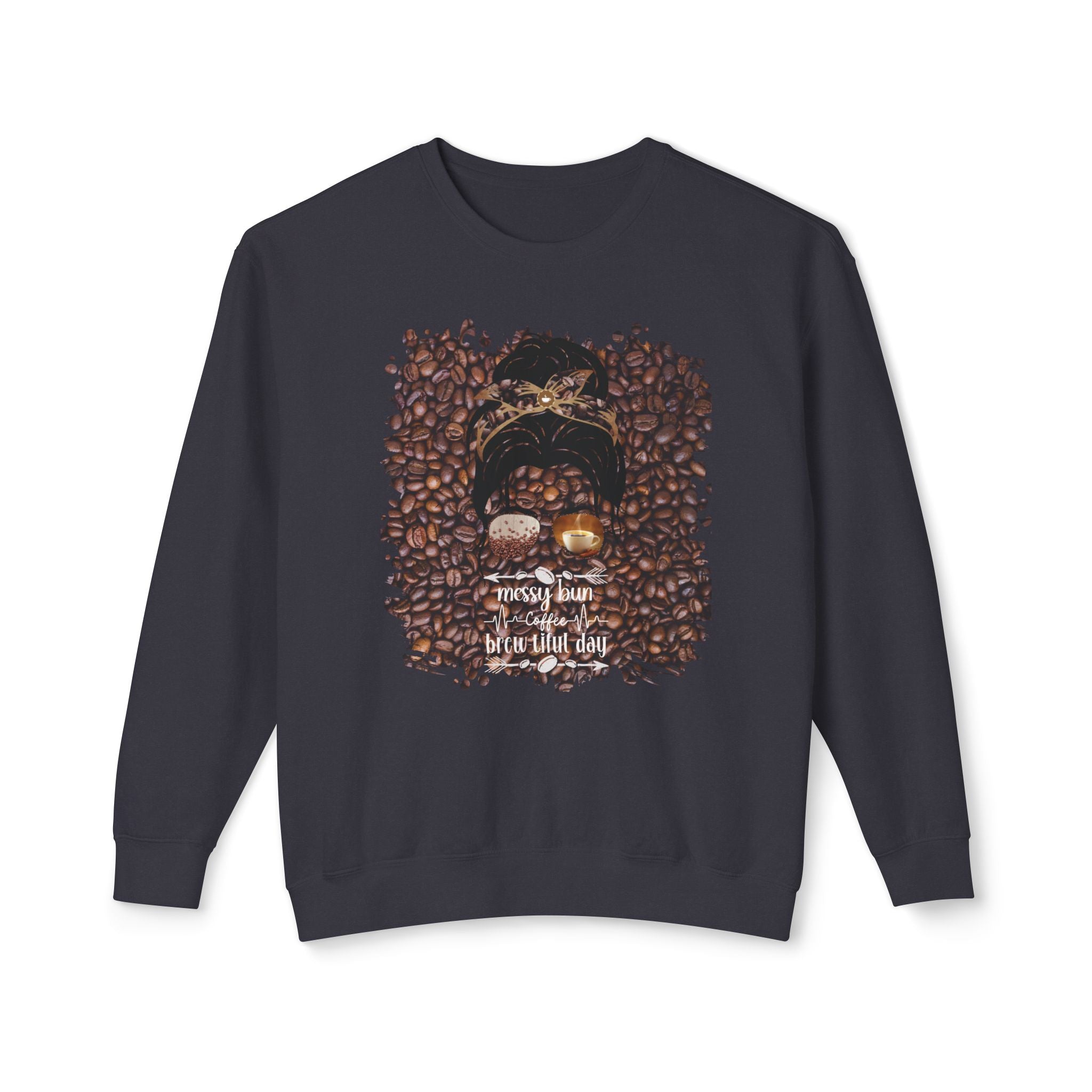 Coffee Heartbeat, Coffee Beans, Dark Hair Messy Bun, Unisex Lightweight Crewneck Sweatshirt
