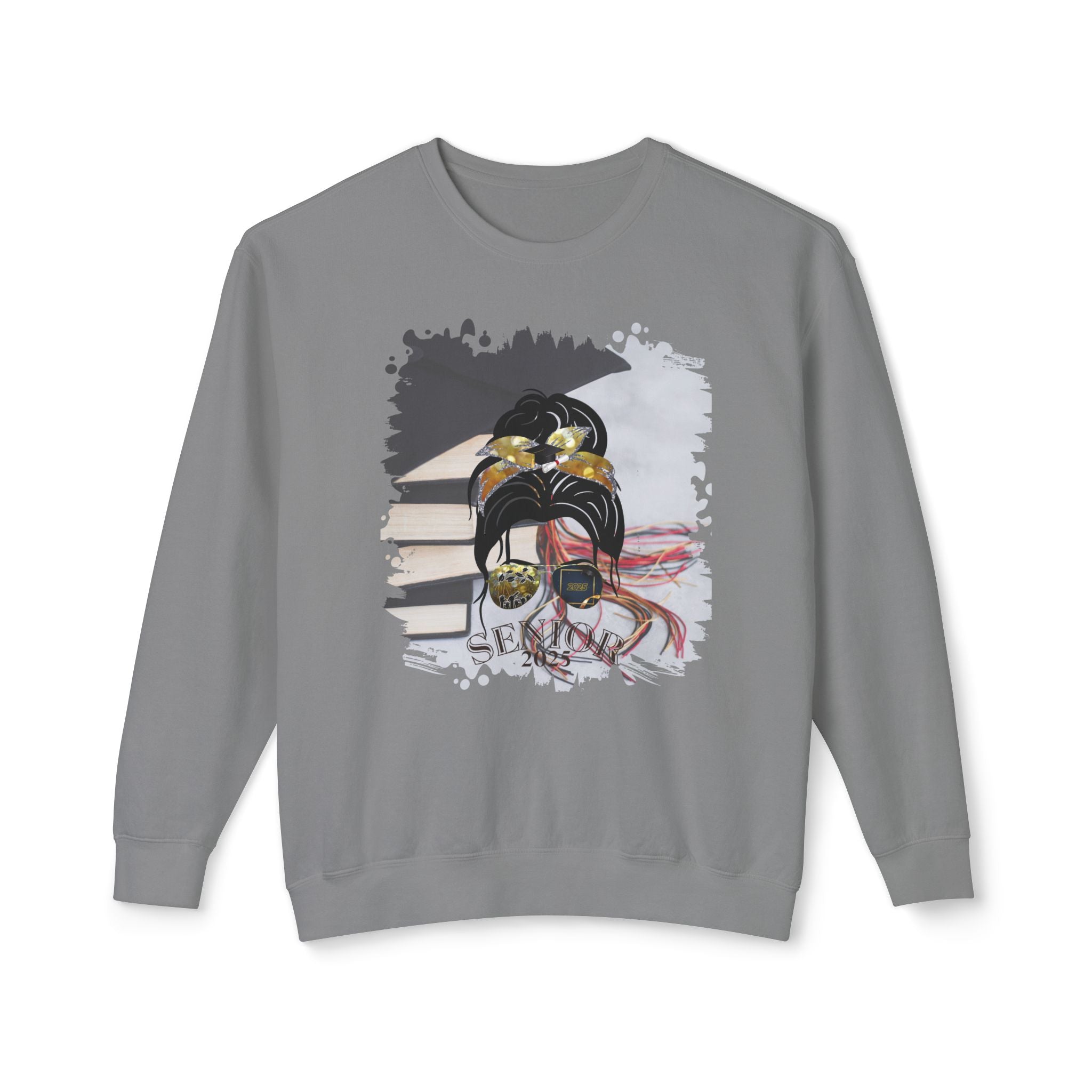 Senior 2025, Cap & Books, Dark Hair Messy Bun, Unisex Lightweight Crewneck Sweatshirt