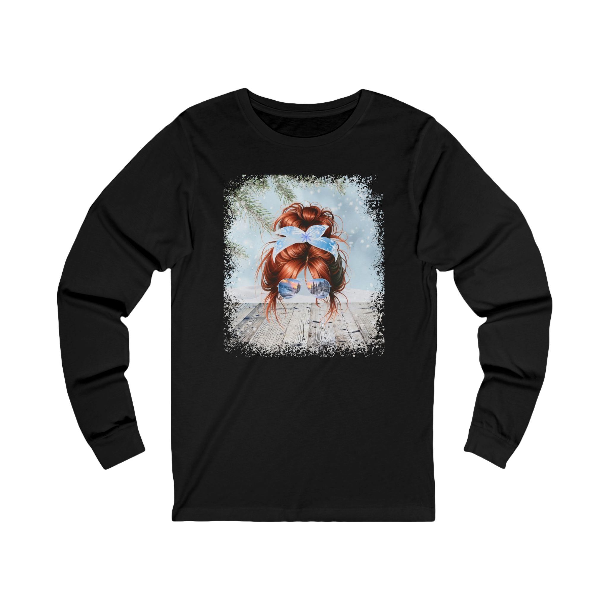 Winter Snowy Porch, Red Hair Messy Bun, Unisex Jersey Long Sleeve Tee