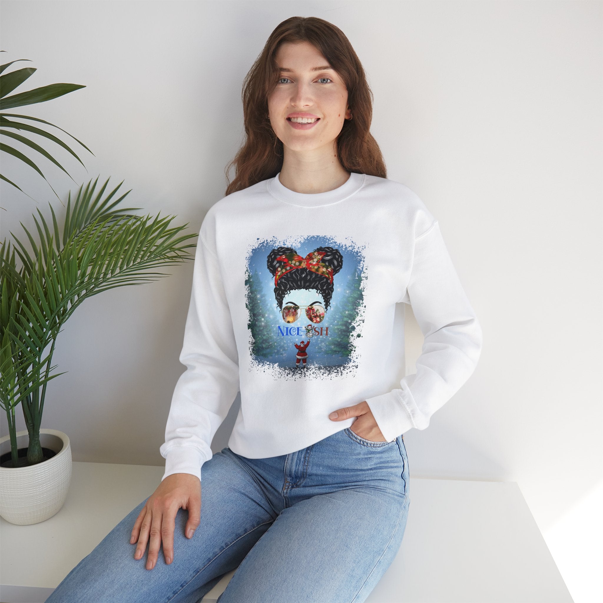 Nice-ish Santa, Black Hair Messy Bun, Unisex Heavy Blend™ Crewneck Sweatshirt