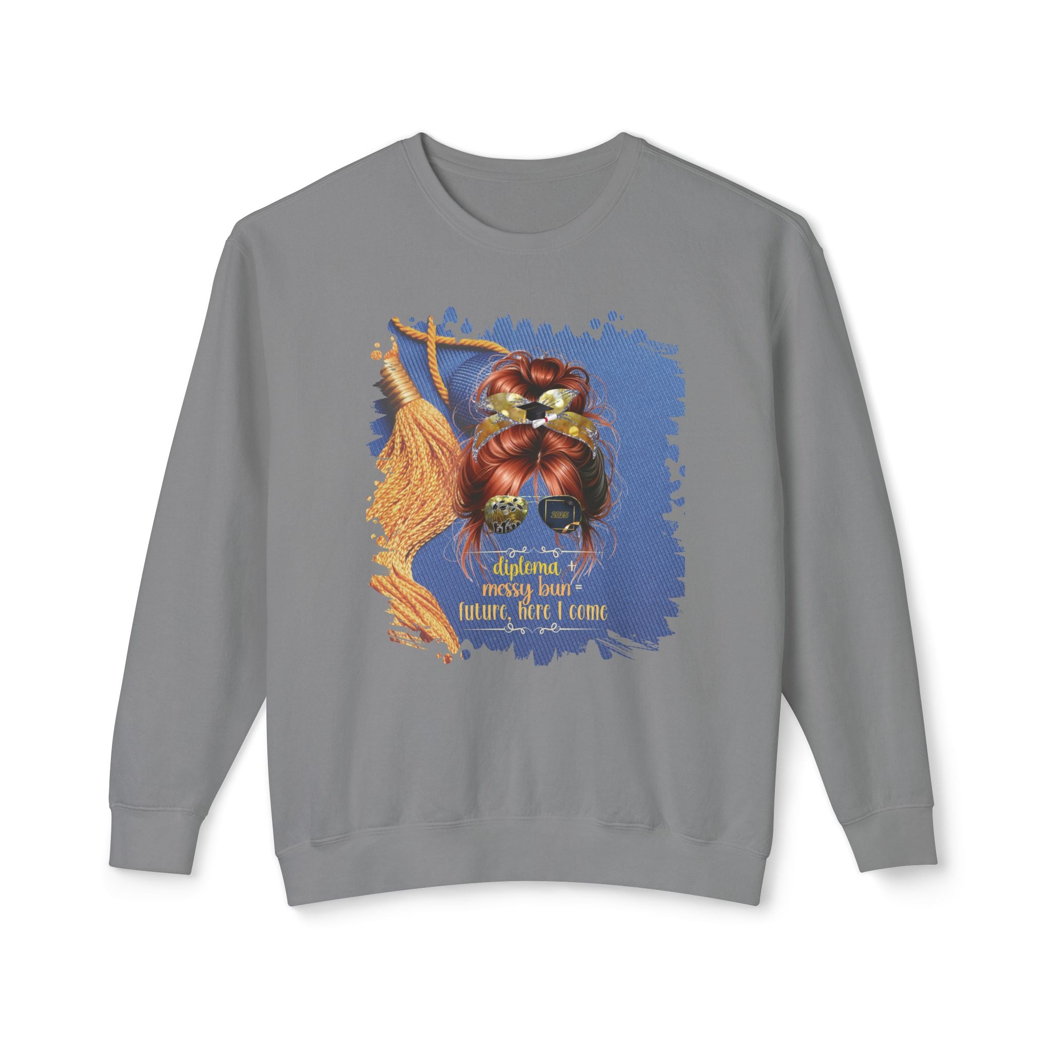 Diploma + Messy Bun, Graduation Cap, Red Hair Messy Bun, Unisex Lightweight Crewneck Sweatshirt