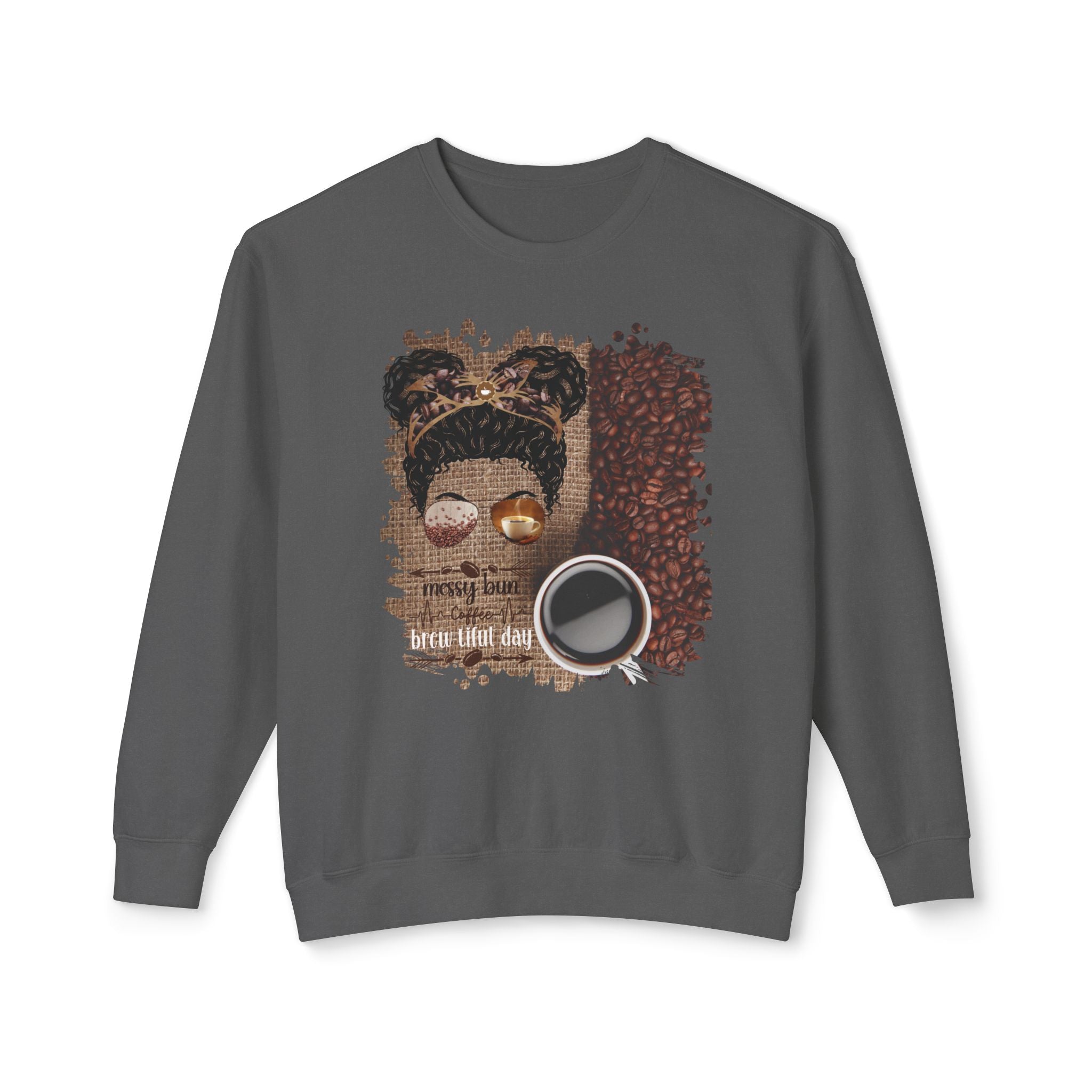 Coffee Heartbeat, Coffee Beans Bag, Black Hair Messy Bun, Unisex Lightweight Crewneck Sweatshirt