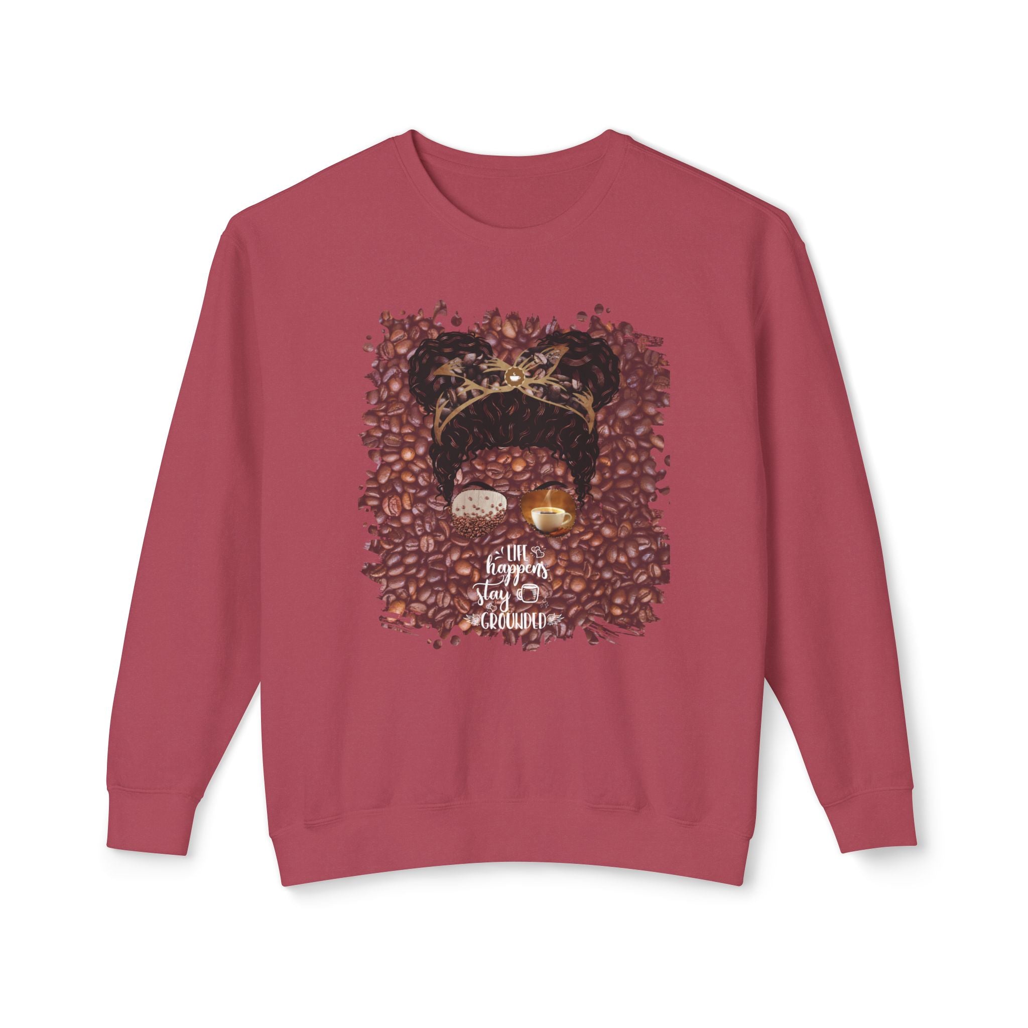 Stay Grounded, Coffee Beans, Black Hair Messy Bun, Unisex Lightweight Crewneck Sweatshirt