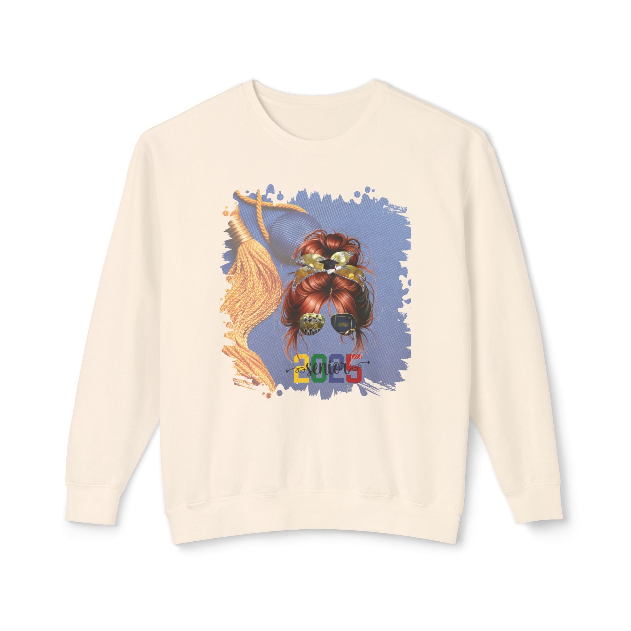 Senior 2025 Colorful, Graduation Cap, Red Hair Messy Bun, Unisex Lightweight Crewneck Sweatshirt