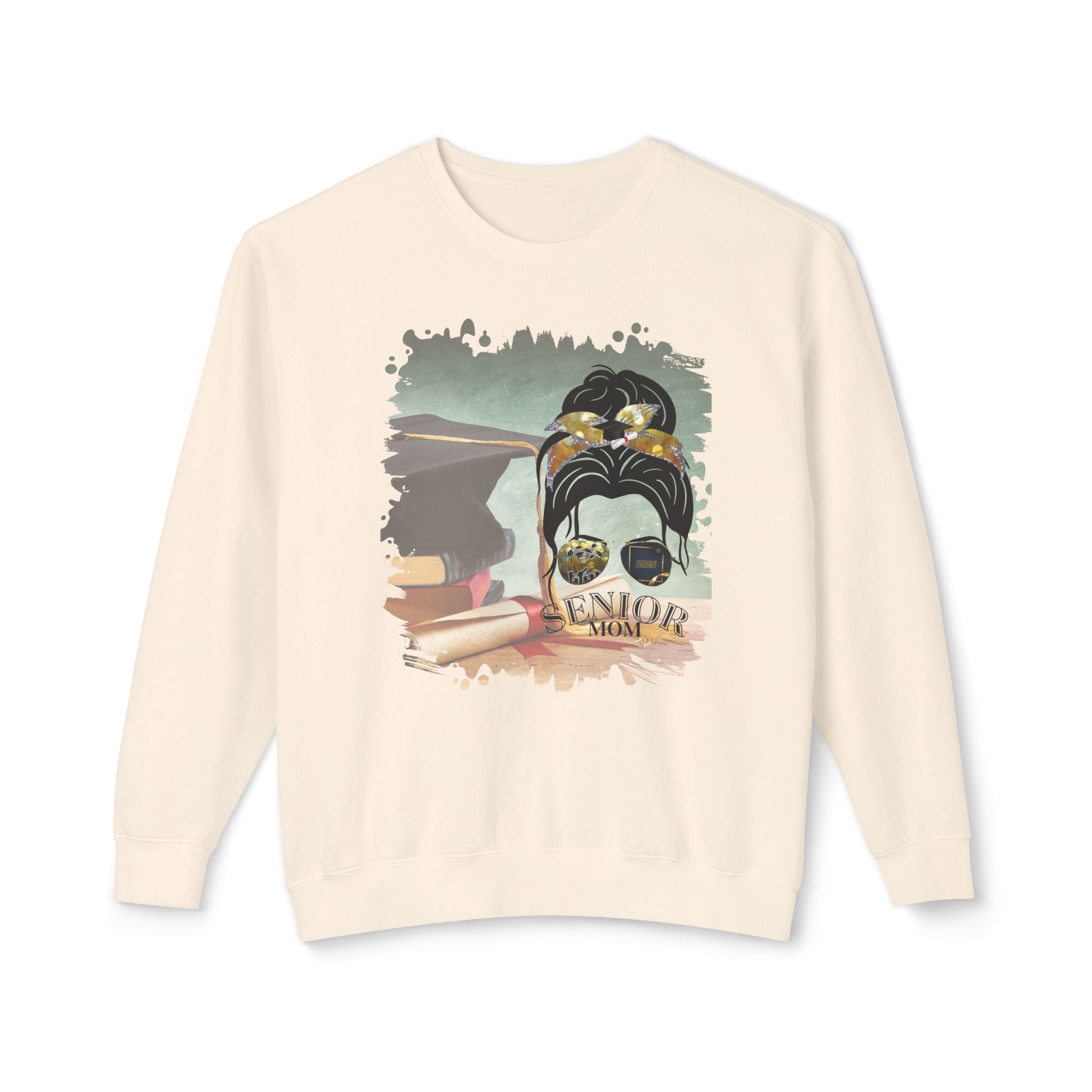 Senior Mom, Cap & Degree/Diploma, Dark Hair Messy Bun, Unisex Lightweight Crewneck Sweatshirt