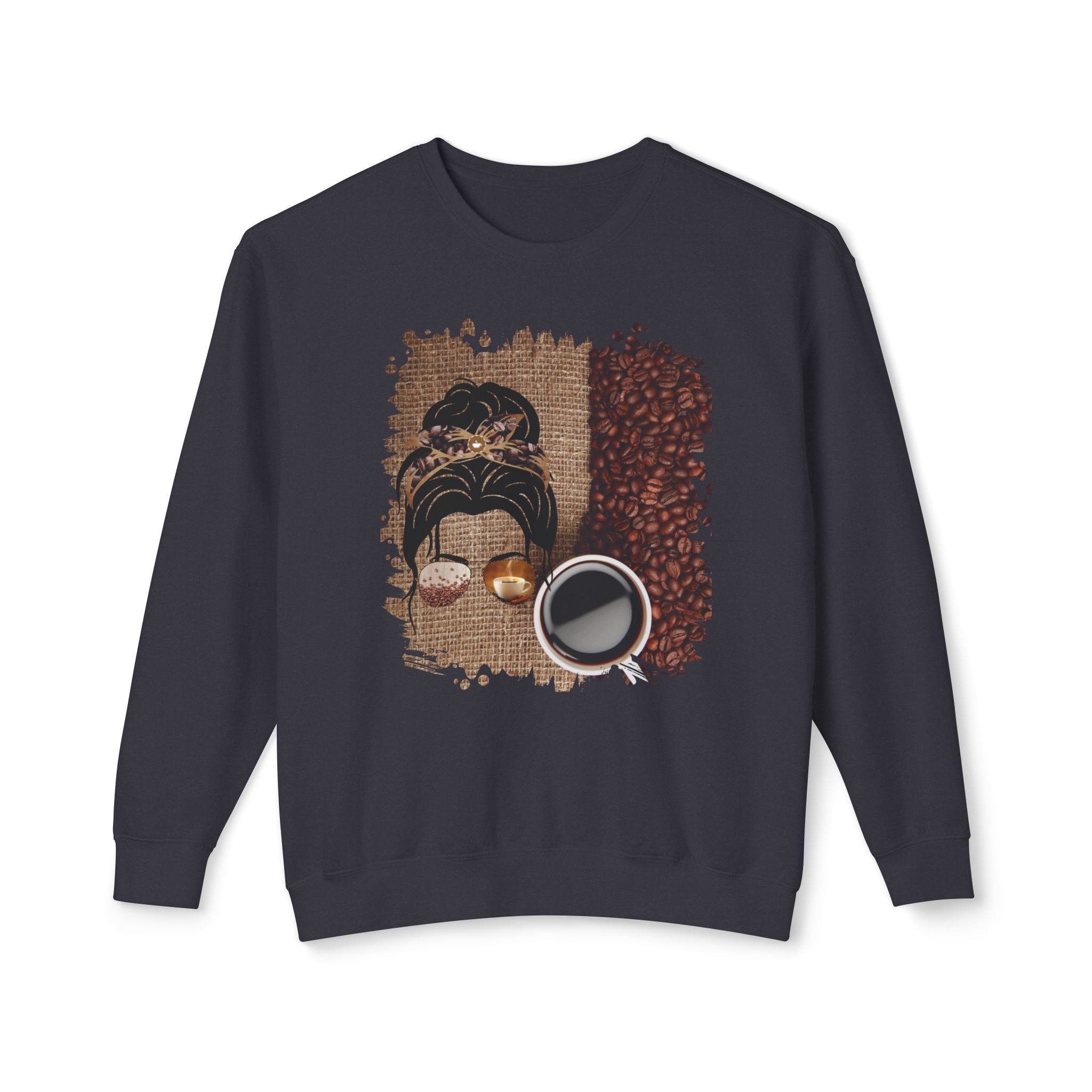 Coffee Beans Bag, Dark Hair Messy Bun, Unisex Lightweight Crewneck Sweatshirt