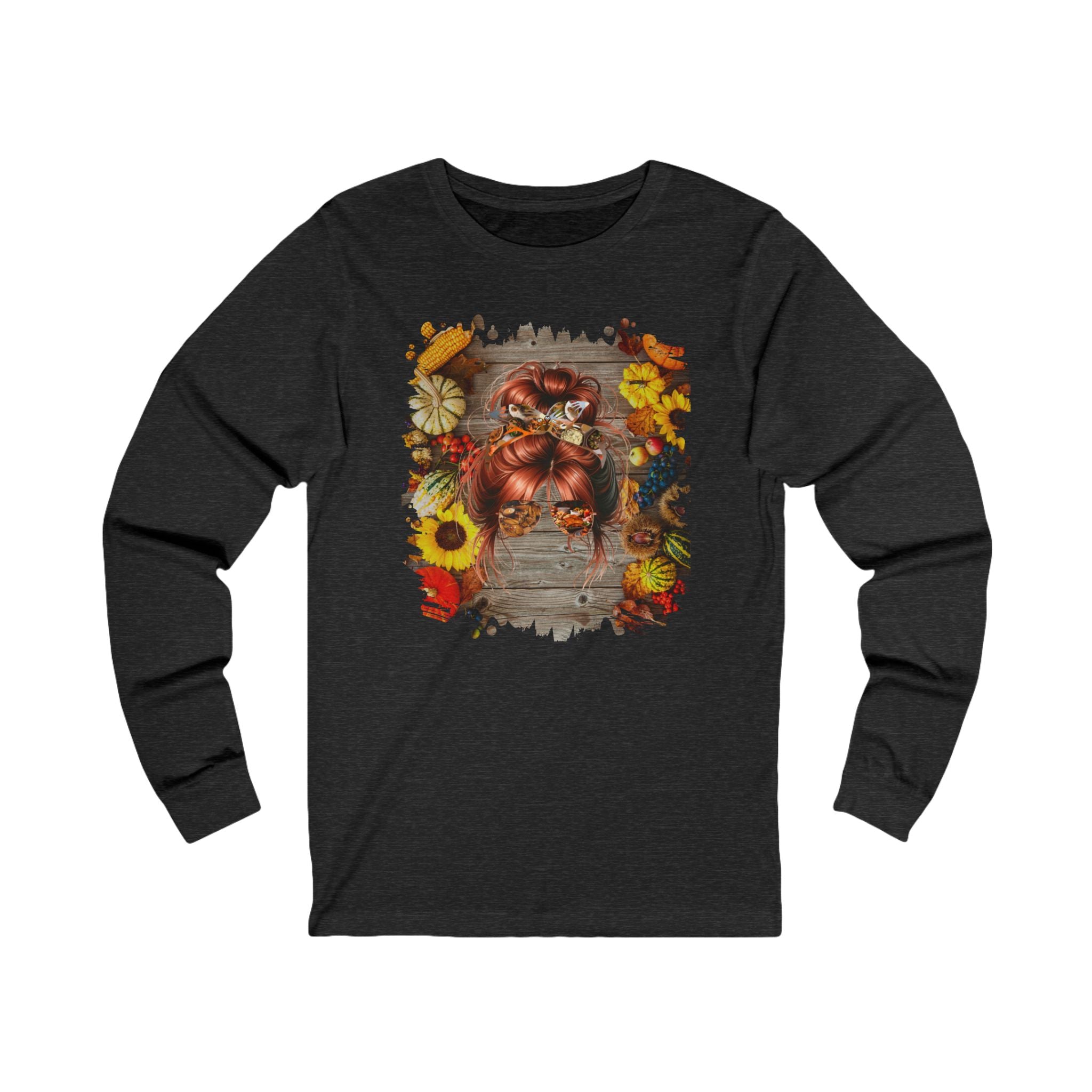 Gobble til You Wobble Decorated Background, Red Hair Messy Bun, Unisex Jersey Long Sleeve Tee