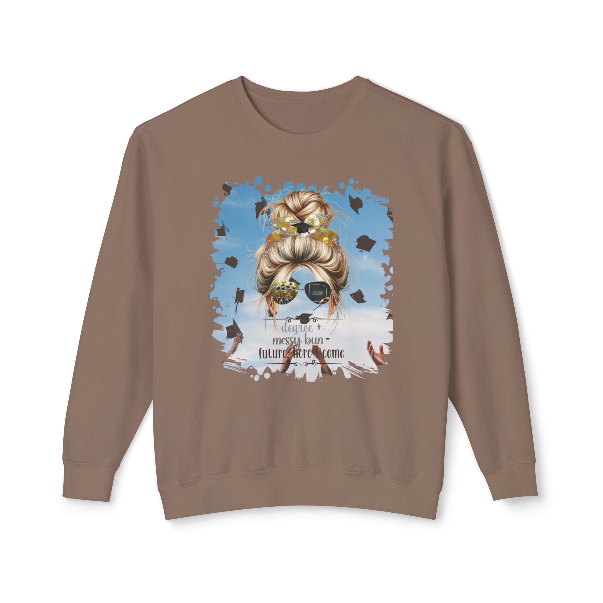 Degree + Messy Bun, Celebration, Blond Hair Messy Bun, Unisex Lightweight Crewneck Sweatshirt