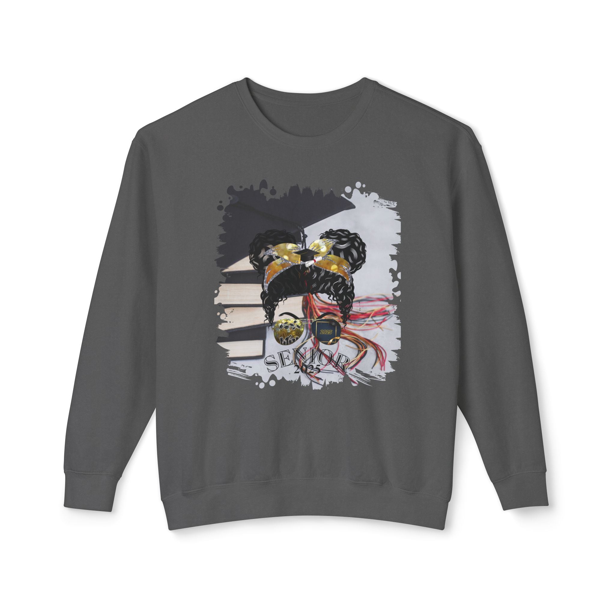 Senior 2025, Cap & Books, Black Hair Messy Bun, Unisex Lightweight Crewneck Sweatshirt