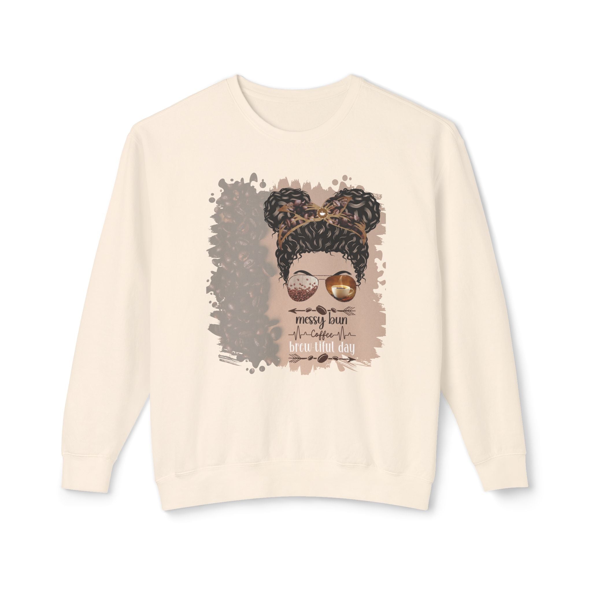 Messy Bun Coffee Heartbeat, Coffee Beans Shade, Black Hair Messy Bun, Unisex Lightweight Crewneck Sweatshirt