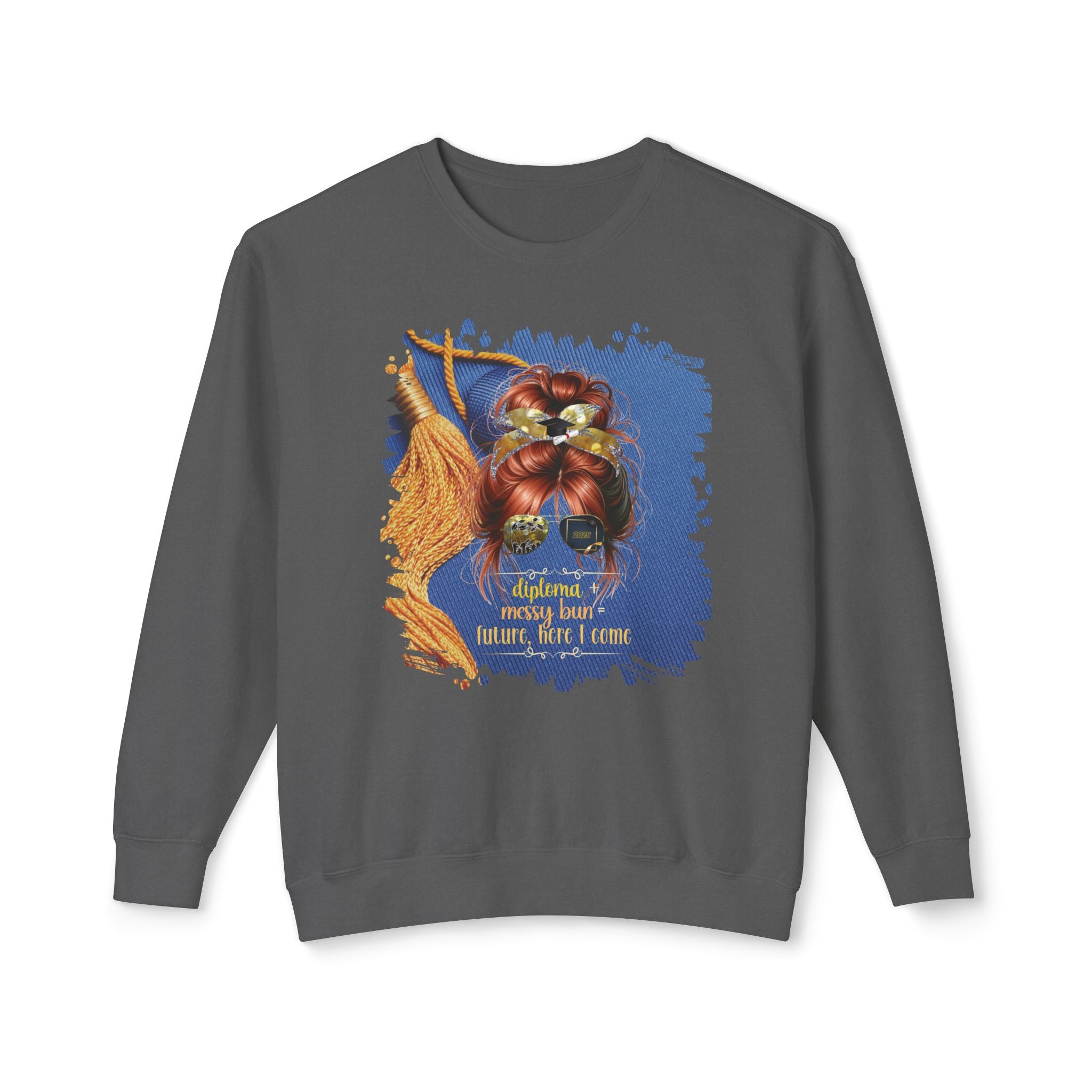 Diploma + Messy Bun, Graduation Cap, Red Hair Messy Bun, Unisex Lightweight Crewneck Sweatshirt