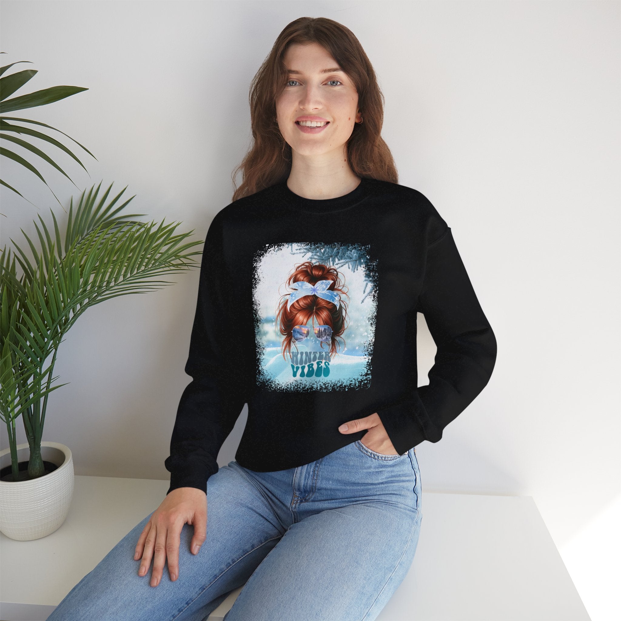 Winter Vibes Snow, Red Hair Messy Bun, Unisex Heavy Blend™ Crewneck Sweatshirt