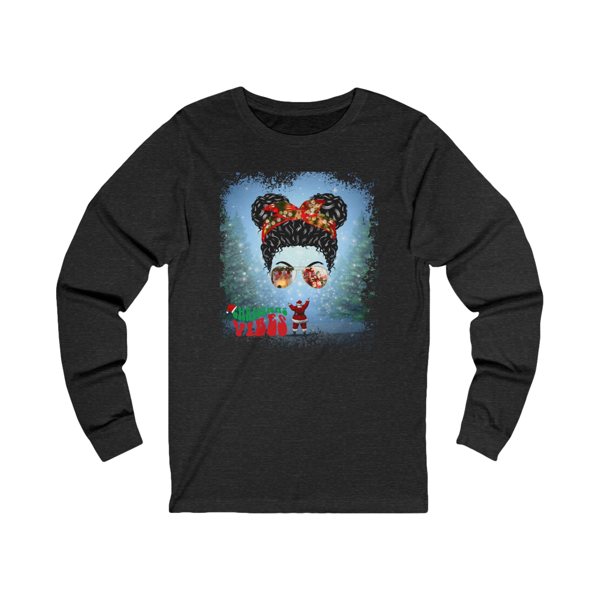 Christmas Vibes Santa, Black Hair Messy Bun, Unisex Jersey Long Sleeve Tee