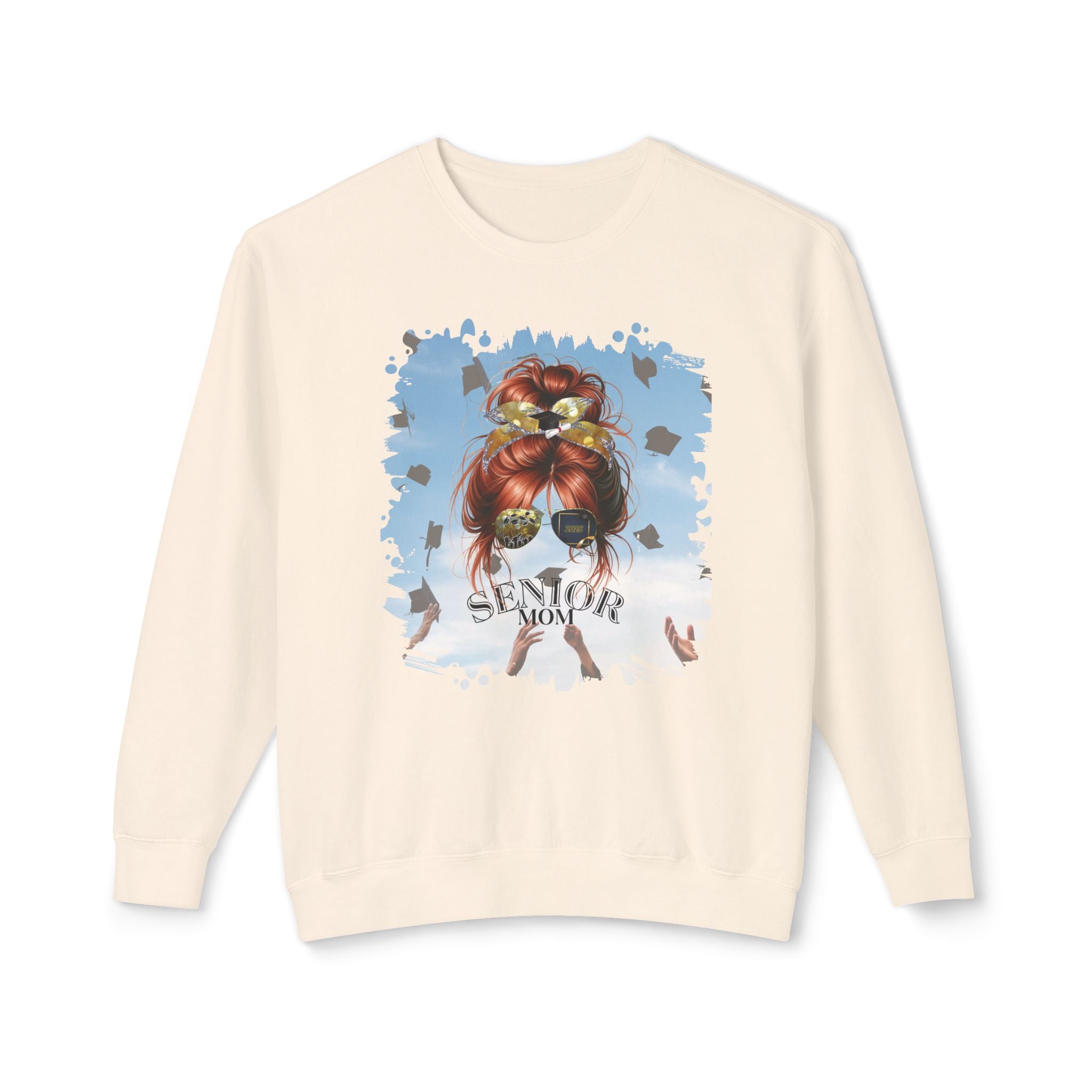 Senior Mom, Celebration, Red Hair Messy Bun, Unisex Lightweight Crewneck Sweatshirt