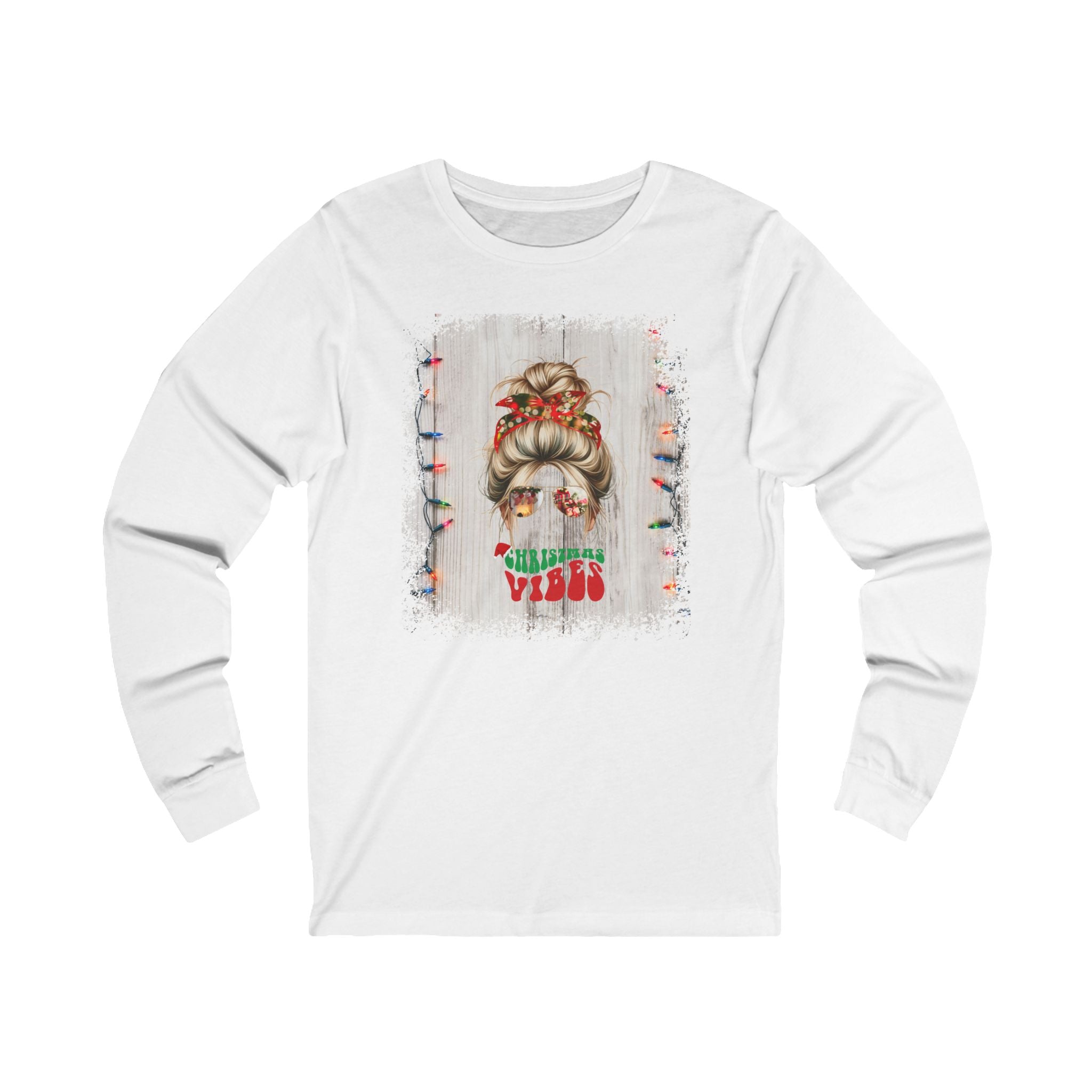 Christmas Vibes Christmas Lights String, Blond Hair Messy Bun, Unisex Jersey Long Sleeve Tee