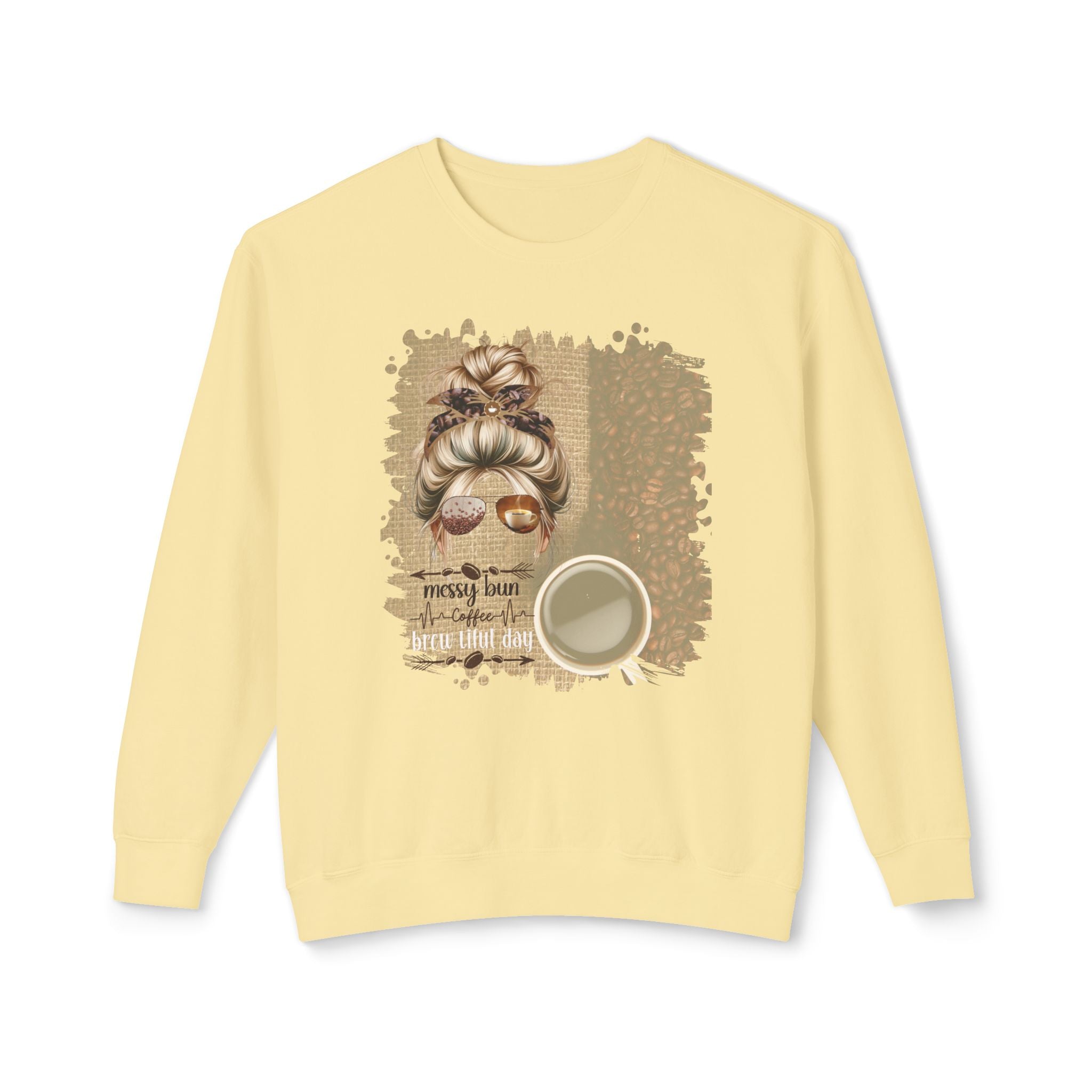 Coffee Heartbeat, Coffee Beans Bag, Blond Hair Messy Bun, Unisex Lightweight Crewneck Sweatshirt