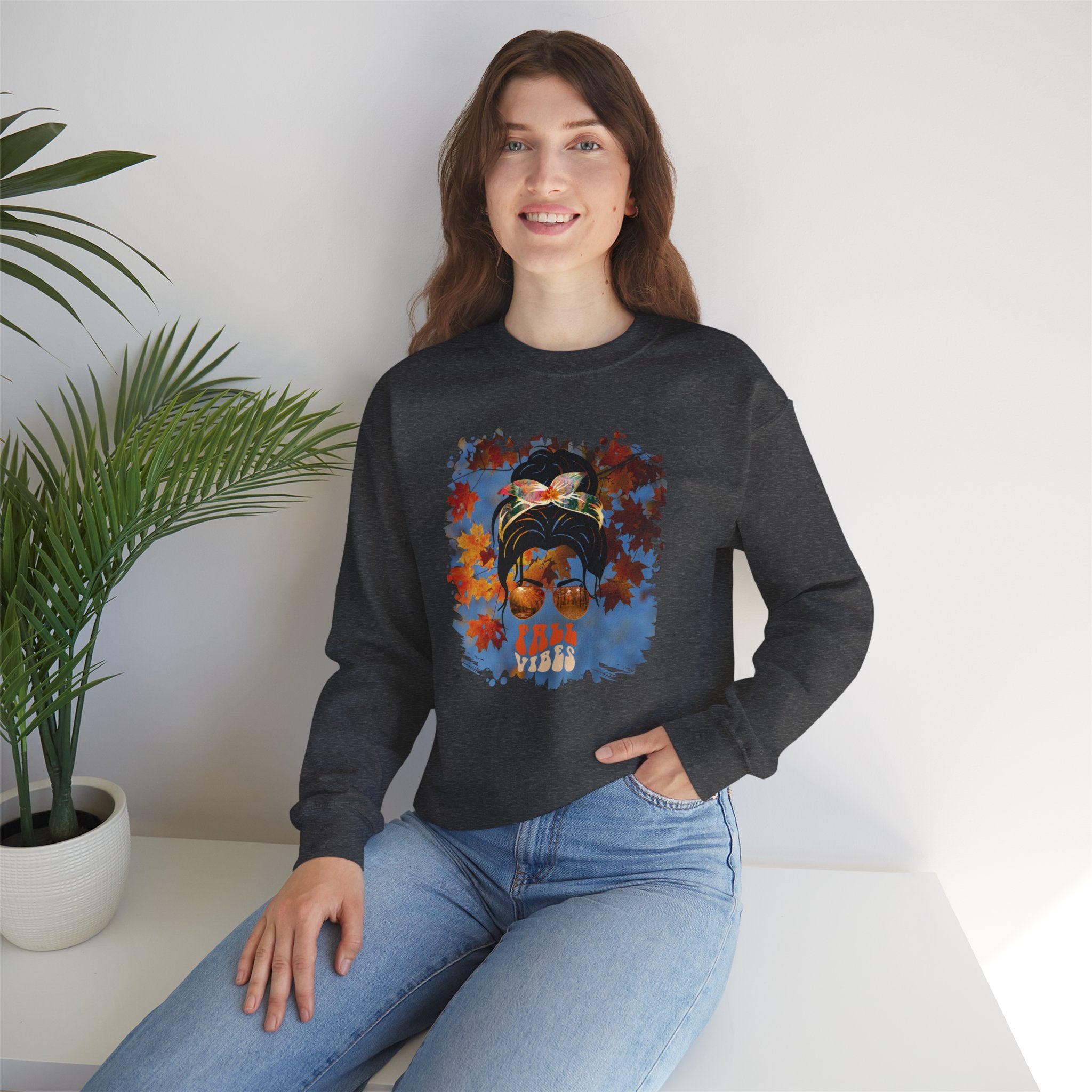 Fall Vibes Fall Sky, Dark Hair Messy Bun, Unisex Heavy Blend™ Crewneck Sweatshirt