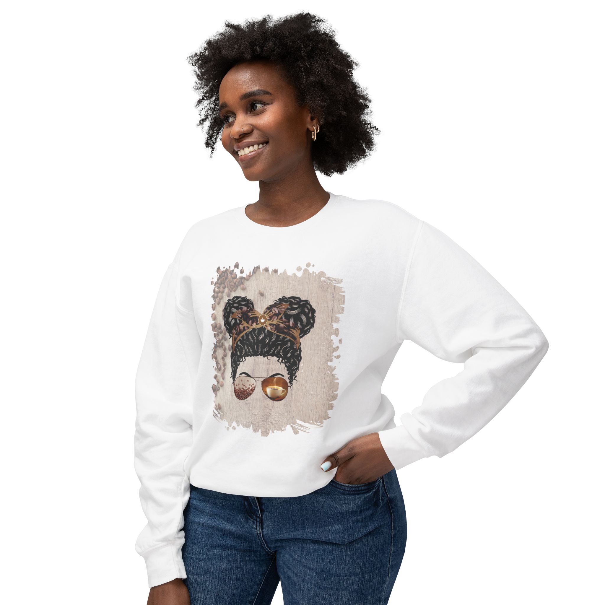 Coffee Beans Table, Black Hair Messy Bun, Unisex Lightweight Crewneck Sweatshirt