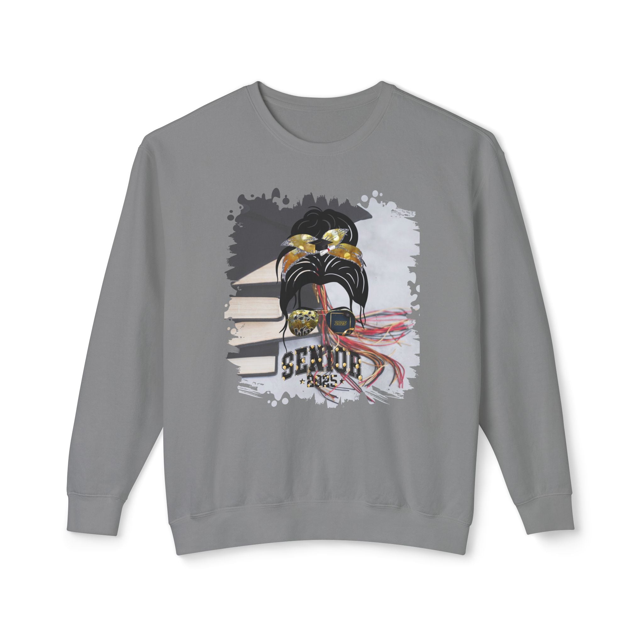 Senior 2025 Balloons, Cap & Books, Dark Hair Messy Bun, Unisex Lightweight Crewneck Sweatshirt