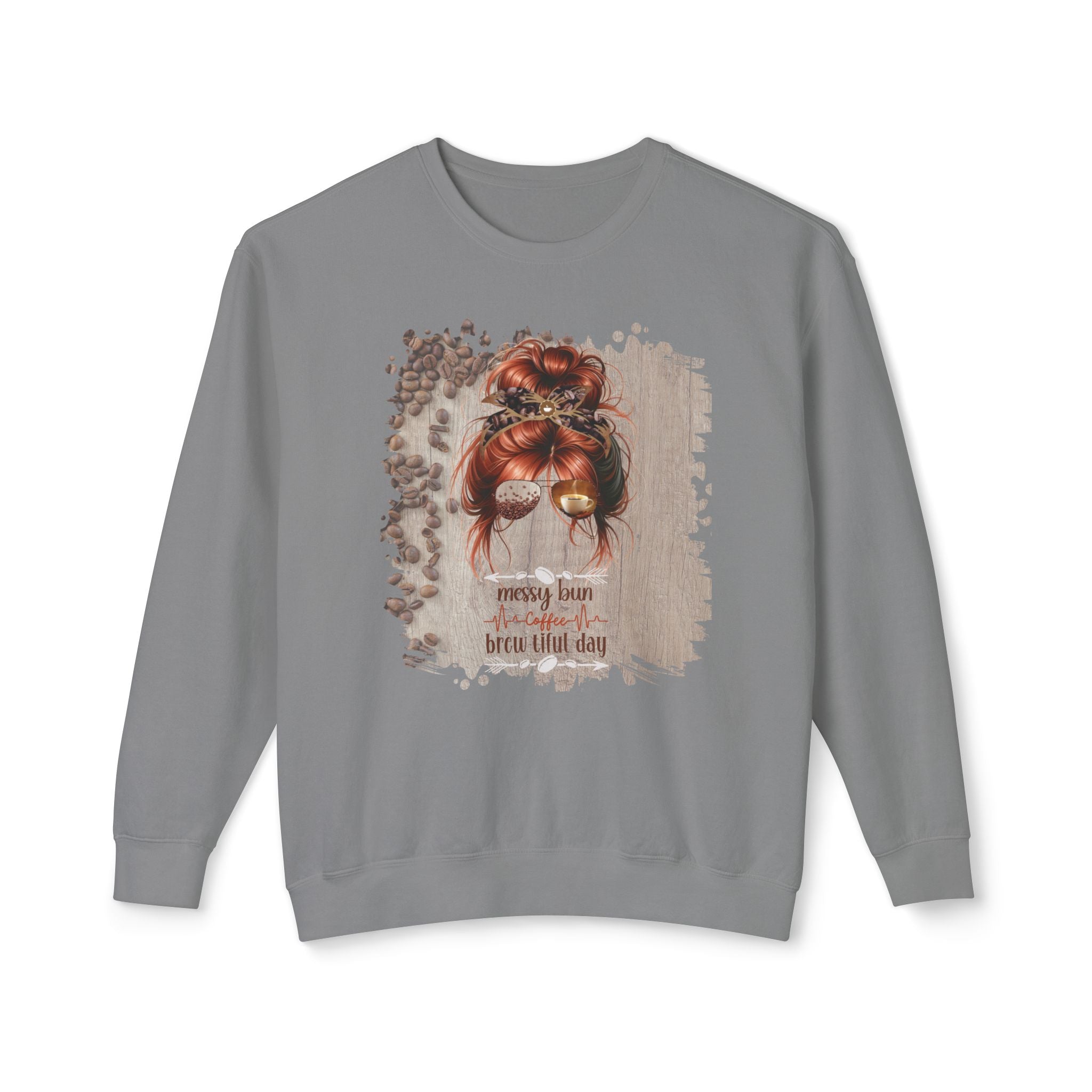Coffee Heartbeat, Coffee Beans Table, Red Hair Messy Bun, Unisex Lightweight Crewneck Sweatshirt