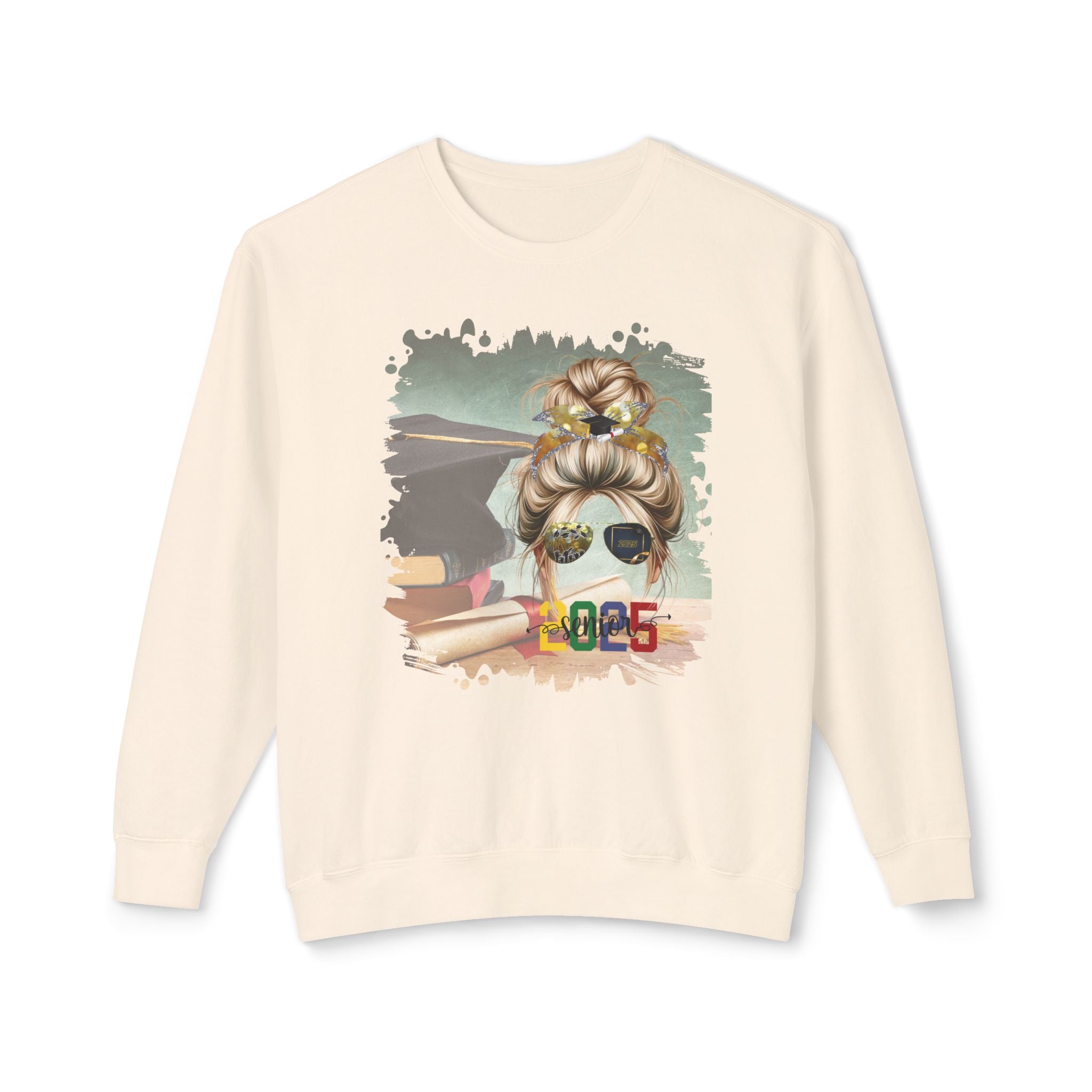 Senior 2025 Colorful, Cap & Degree/Diploma, Blond Hair Messy Bun, Unisex Lightweight Crewneck Sweatshirt