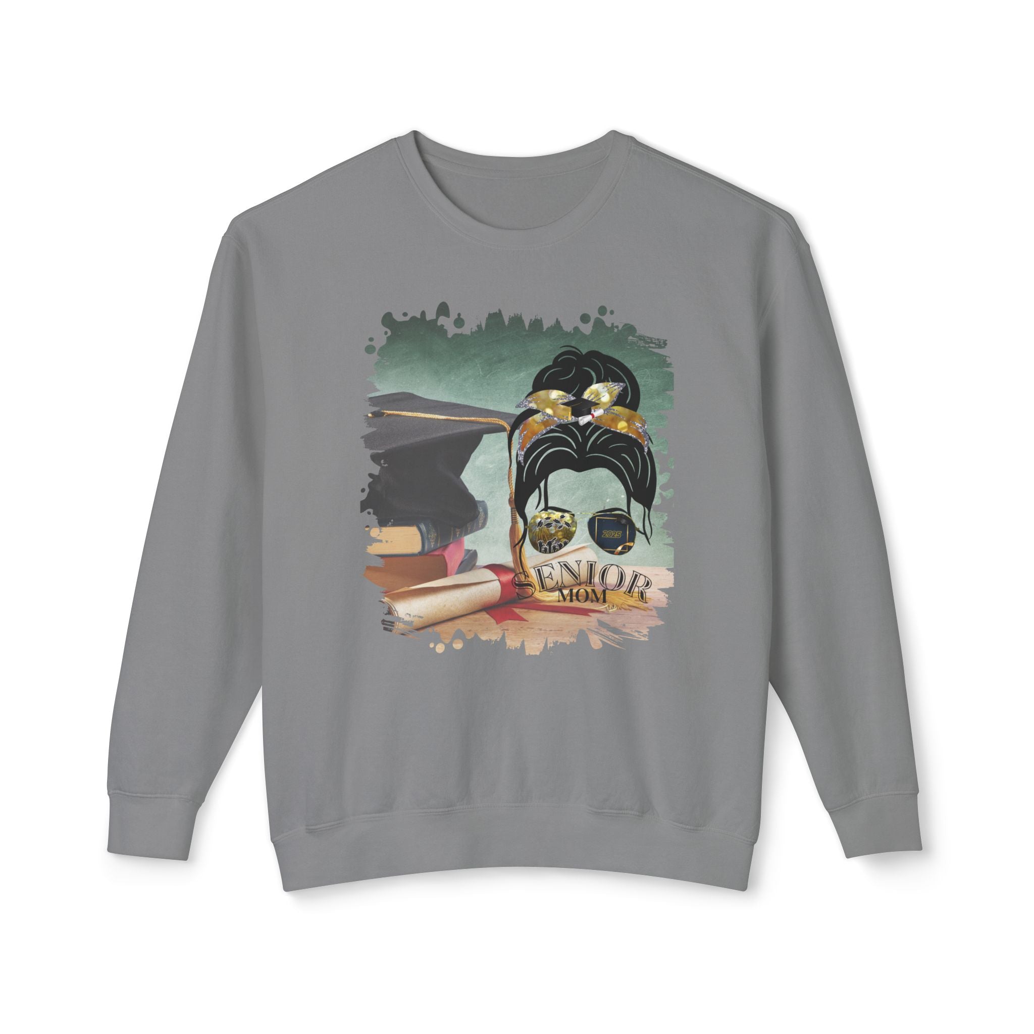 Senior Mom, Cap & Degree/Diploma, Dark Hair Messy Bun, Unisex Lightweight Crewneck Sweatshirt