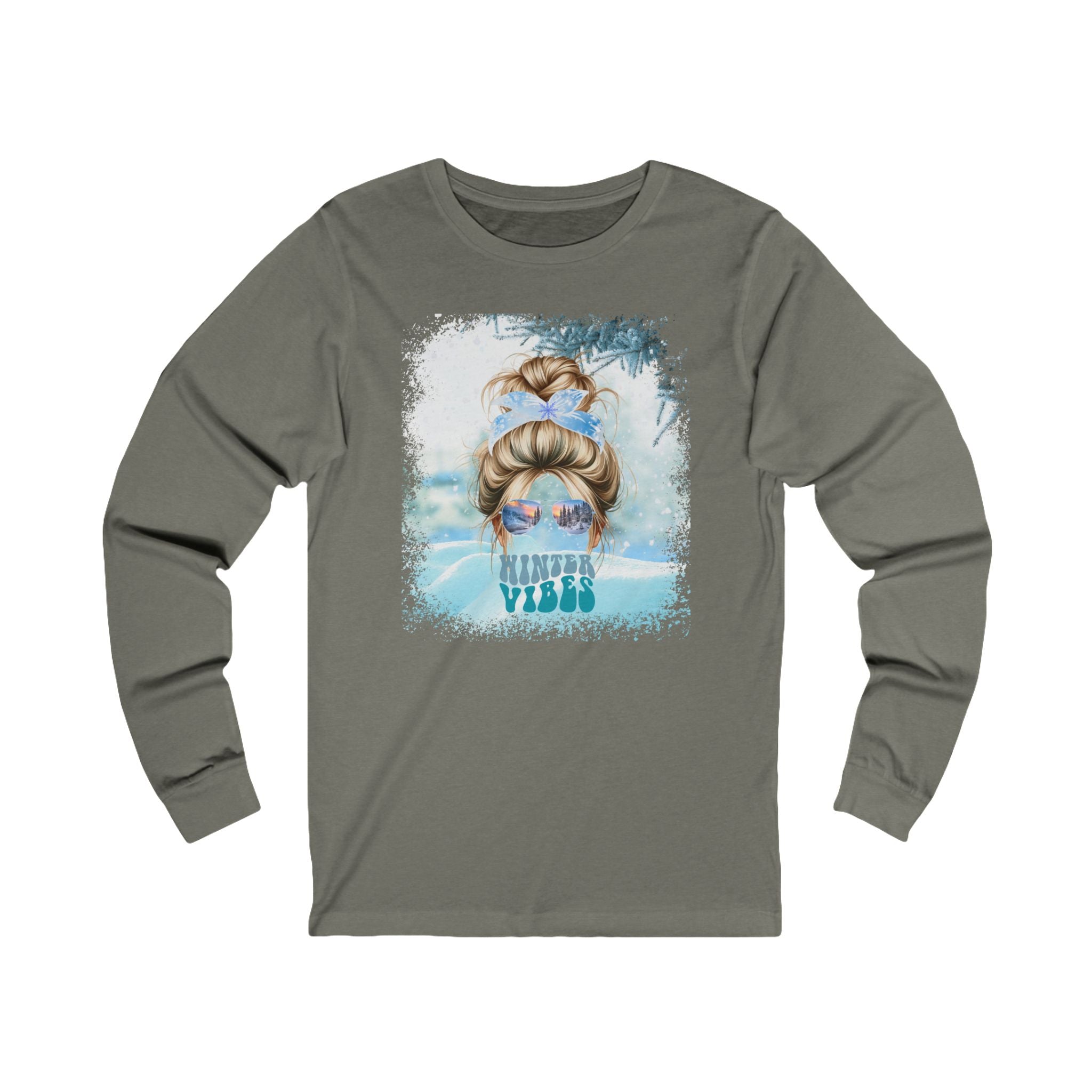 Winter Vibes Snow, Blond Hair Messy Bun, Unisex Jersey Long Sleeve Tee