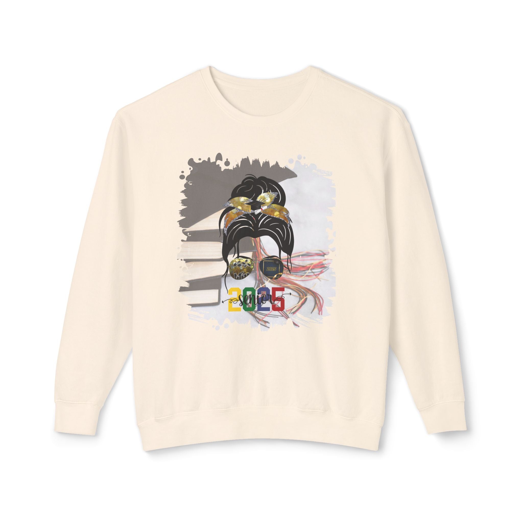 Senior 2025 Colorful, Cap & Books, Dark Hair Messy Bun, Unisex Lightweight Crewneck Sweatshirt