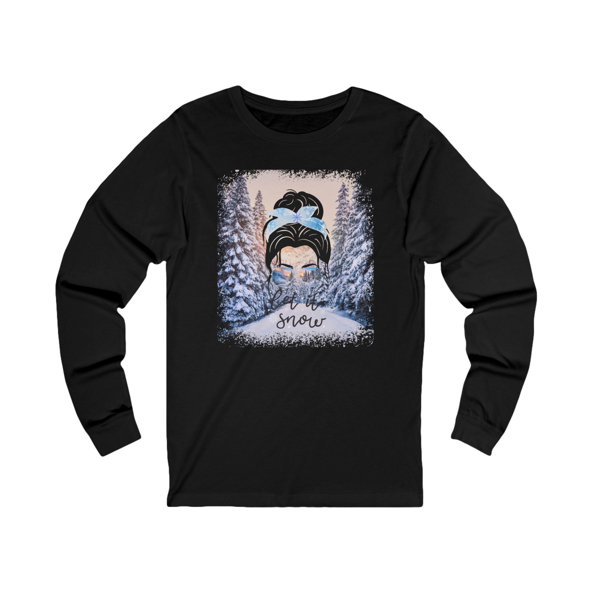 Let it Snow Winter Trail, Dark Hair Messy Bun, Unisex Jersey Long Sleeve Tee