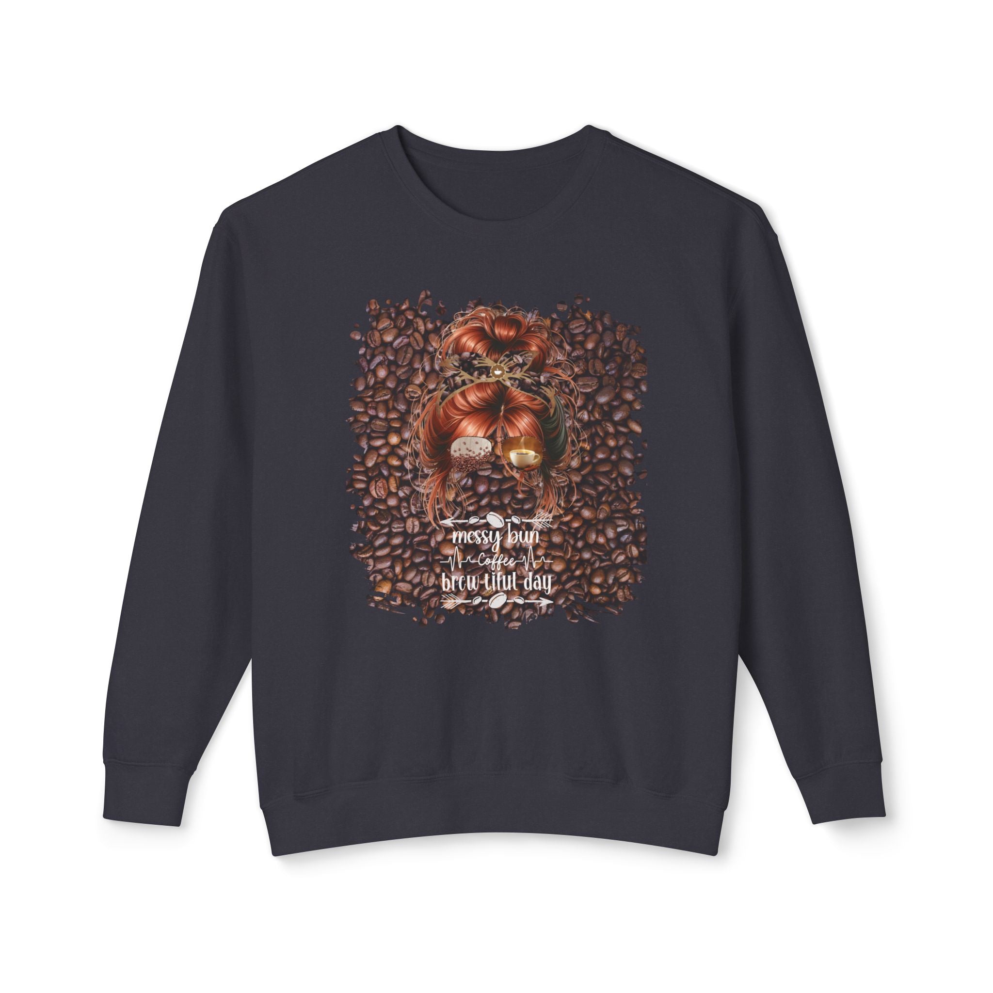 Coffee Heartbeat, Coffee Beans, Red Hair Messy Bun, Unisex Lightweight Crewneck Sweatshirt