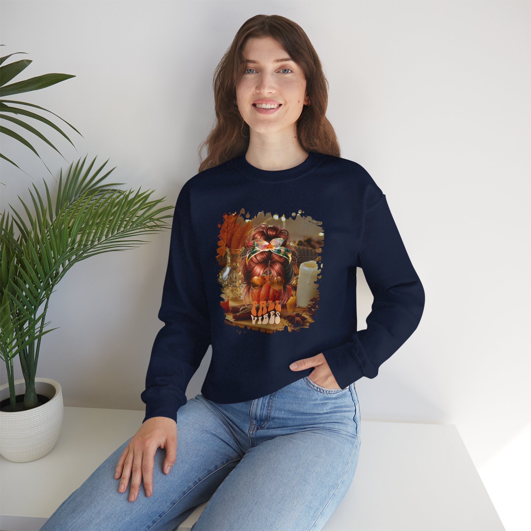 Fall Vibes Fall Home, Red Hair Messy Bun, Unisex Heavy Blend™ Crewneck Sweatshirt